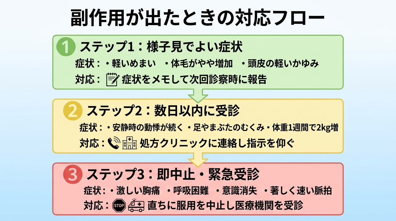 タイトル: 副作用が出たときの対応フロー。3段階の縦フロー図。ステップ1(緑): 様子見でよい症状: 軽いめまい・体毛がやや増加・頭皮の軽いかゆみ → 対応: 症状をメモして次回診察時に報告。ステップ2(黄): 数日以内に受診: 安静時の動悸が続く・足やまぶたのむくみ・体重1週間で2kg増 → 対応: 処方クリニックに連絡し指示を仰ぐ。ステップ3(赤): 即中止・緊急受診: 激しい胸痛・呼吸困難・意識消失・著しく速い脈拍 → 対応: 直ちに服用を中止し医療機関を受診