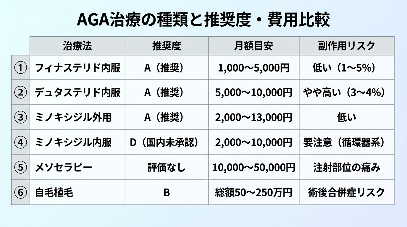 タイトル: AGA治療の種類と推奨度・費用比較。6行の表形式インフォグラフィック。ヘッダー: 治療法 | 推奨度 | 月額目安 | 副作用リスク。行1: フィナステリド内服 | A（推奨） | 1,000〜5,000円 | 低い（1〜5%）。行2: デュタステリド内服 | A（推奨） | 5,000〜10,000円 | やや高い（3〜4%）。行3: ミノキシジル外用 | A（推奨） | 2,000〜13,000円 | 低い。行4: ミノキシジル内服 | D（国内未承認） | 2,000〜10,000円 | 要注意（循環器系）。行5: メソセラピー | 評価なし | 10,000〜50,000円 | 注射部位の痛み。行6: 自毛植毛 | B | 総額50〜250万円 | 術後合併症リスク