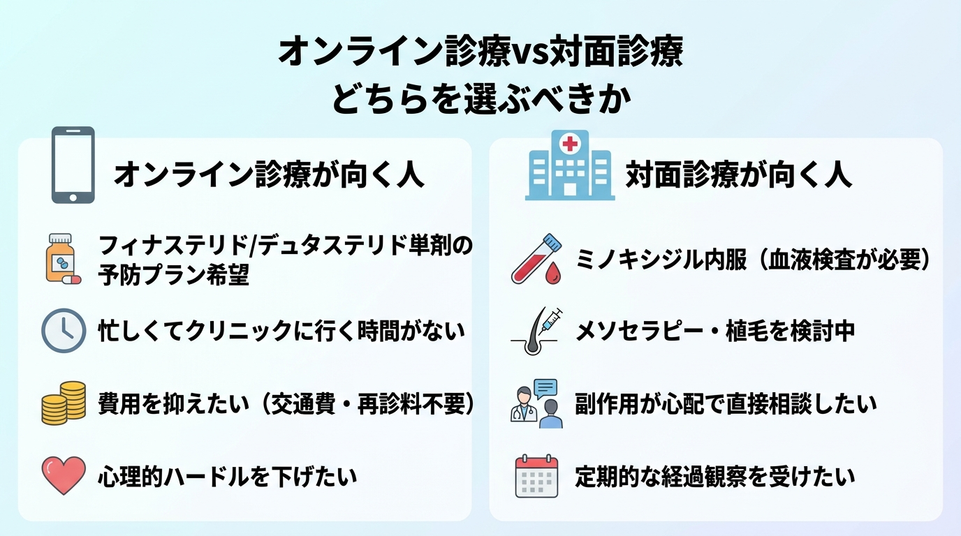 タイトル: オンライン診療vs対面診療 どちらを選ぶべきか。左右2カラムの比較図。左カラム（スマートフォンアイコン）: オンライン診療が向く人。・フィナステリド/デュタステリド単剤の予防プラン希望。・忙しくてクリニックに行く時間がない。・費用を抑えたい（交通費・再診料不要）。・心理的ハードルを下げたい。右カラム（病院アイコン）: 対面診療が向く人。・ミノキシジル内服（血液検査が必要）。・メソセラピー・植毛を検討中。・副作用が心配で直接相談したい。・定期的な経過観察を受けたい