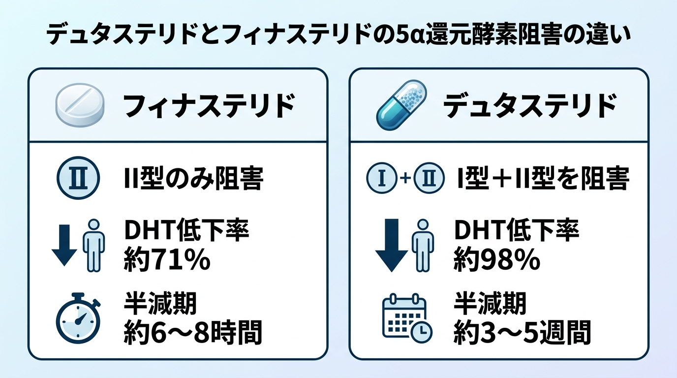タイトル: デュタステリドとフィナステリドの5α還元酵素阻害の違い。2列カード比較。カード1（錠剤アイコン）ヘッダー: フィナステリド、内容: II型のみ阻害 / DHT低下率 約71% / 半減期 約6〜8時間。カード2（カプセルアイコン）ヘッダー: デュタステリド、内容: I型＋II型を阻害 / DHT低下率 約98% / 半減期 約3〜5週間