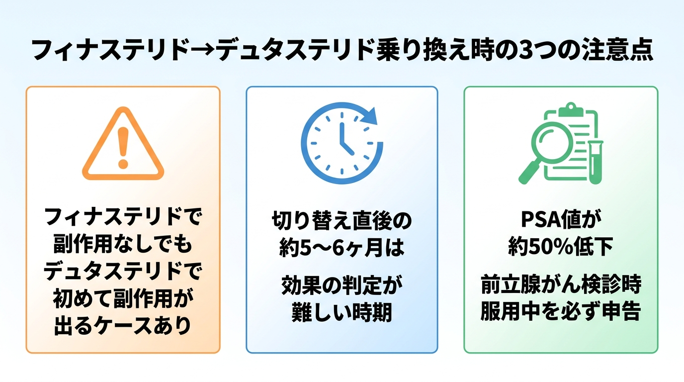 タイトル: フィナステリド→デュタステリド乗り換え時の3つの注意点。横並び3カード。カード1（警告アイコン）: フィナステリドで副作用なしでも / デュタステリドで初めて副作用が出るケースあり。カード2（時計アイコン）: 切り替え直後の約5〜6ヶ月は / 効果の判定が難しい時期。カード3（検査アイコン）: PSA値が約50%低下 / 前立腺がん検診時は服用中を必ず申告
