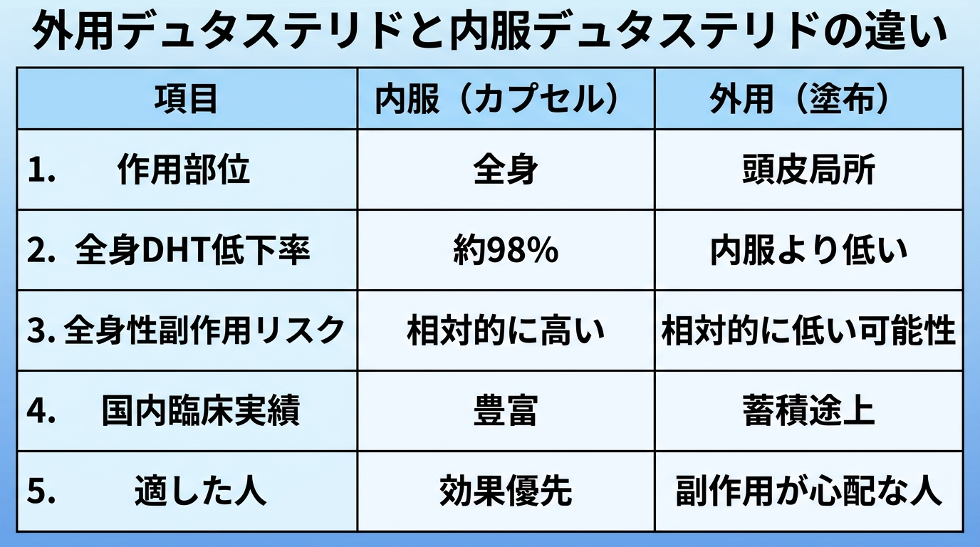 タイトル: 外用デュタステリドと内服デュタステリドの違い。2列比較表。ヘッダー: 項目 | 内服（カプセル） | 外用（塗布）。行1: 作用部位 | 全身 | 頭皮局所。行2: 全身DHT低下率 | 約98% | 内服より低い。行3: 全身性副作用リスク | 相対的に高い | 相対的に低い可能性。行4: 国内臨床実績 | 豊富 | 蓄積途上。行5: 適した人 | 効果優先 | 副作用が心配な人