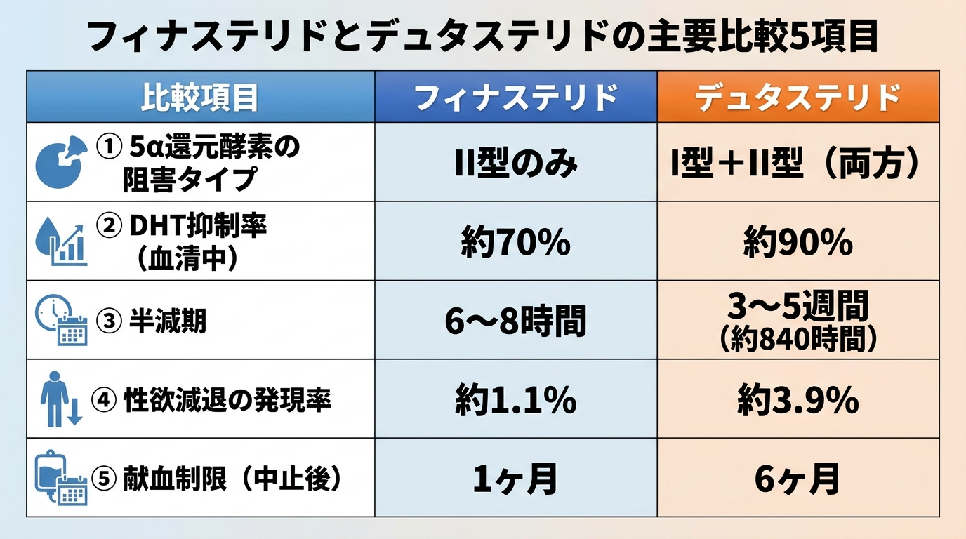 タイトル: フィナステリドとデュタステリドの主要比較5項目。6列の表: ヘッダー行: 比較項目 | フィナステリド | デュタステリド。行1: 5α還元酵素の阻害タイプ | II型のみ | I型＋II型（両方）。行2: DHT抑制率（血清中） | 約70% | 約90%。行3: 半減期 | 6〜8時間 | 3〜5週間（約840時間）。行4: 性欲減退の発現率 | 約1.1% | 約3.9%。行5: 献血制限（中止後） | 1ヶ月 | 6ヶ月。インフォグラフィック形式、青とオレンジで2剤を色分け