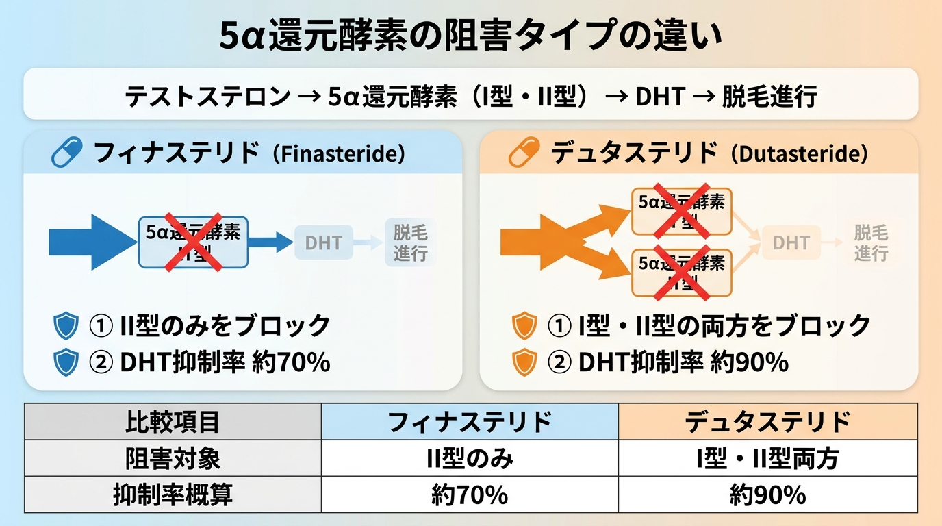 タイトル: 5α還元酵素の阻害タイプの違い。フローチャート形式: テストステロン→5α還元酵素（I型・II型）→DHT→脱毛進行。左列: フィナステリドはII型のみをブロック（II型に×マーク）。右列: デュタステリドはI型・II型の両方をブロック（両方に×マーク）。DHT抑制率: フィナ約70% vs デュタ約90%。青とオレンジの矢印で視覚的に区別