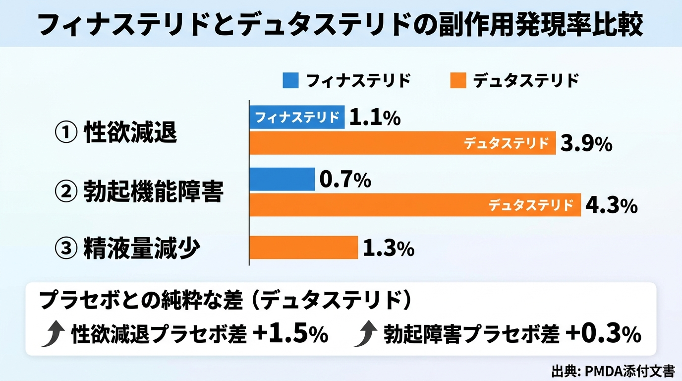 タイトル: フィナステリドとデュタステリドの副作用発現率比較。横棒グラフ形式。フィナステリド（青）: 性欲減退1.1%、勃起機能障害0.7%。デュタステリド（オレンジ）: 性欲減退3.9%、勃起機能障害4.3%、精液量減少1.3%。プラセボとの純粋な差も記載: デュタ性欲減退プラセボ差+1.5%、勃起障害プラセボ差+0.3%。出典: PMDA添付文書
