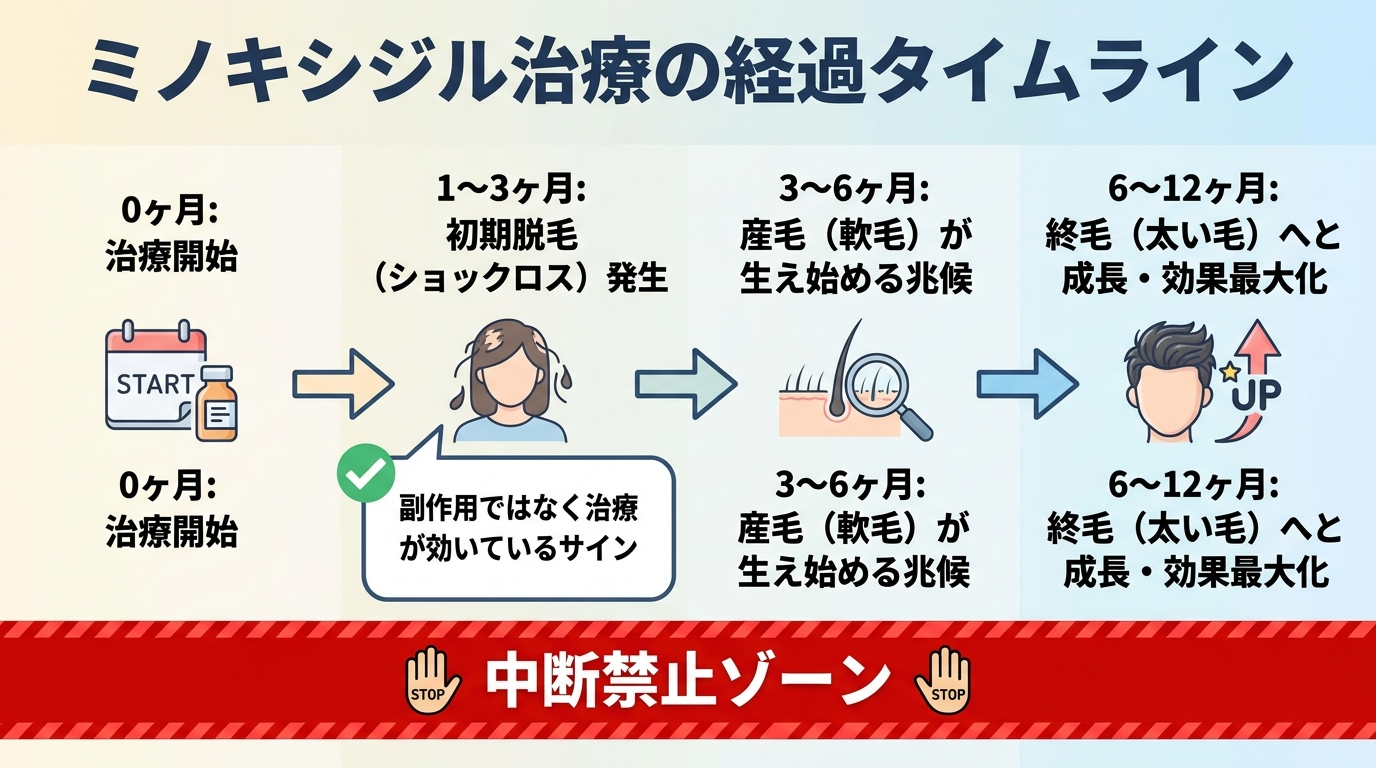 タイトル: ミノキシジル治療の経過タイムライン。横軸時系列のフロー図。0ヶ月: 治療開始。1〜3ヶ月: 初期脱毛(ショックロス)発生→「副作用ではなく治療が効いているサイン」の吹き出し。3〜6ヶ月: 産毛(軟毛)が生え始める兆候。6〜12ヶ月: 終毛(太い毛)へと成長・効果最大化。各フェーズを矢印でつなぎ、「中断禁止ゾーン」として全期間に赤い帯を表示