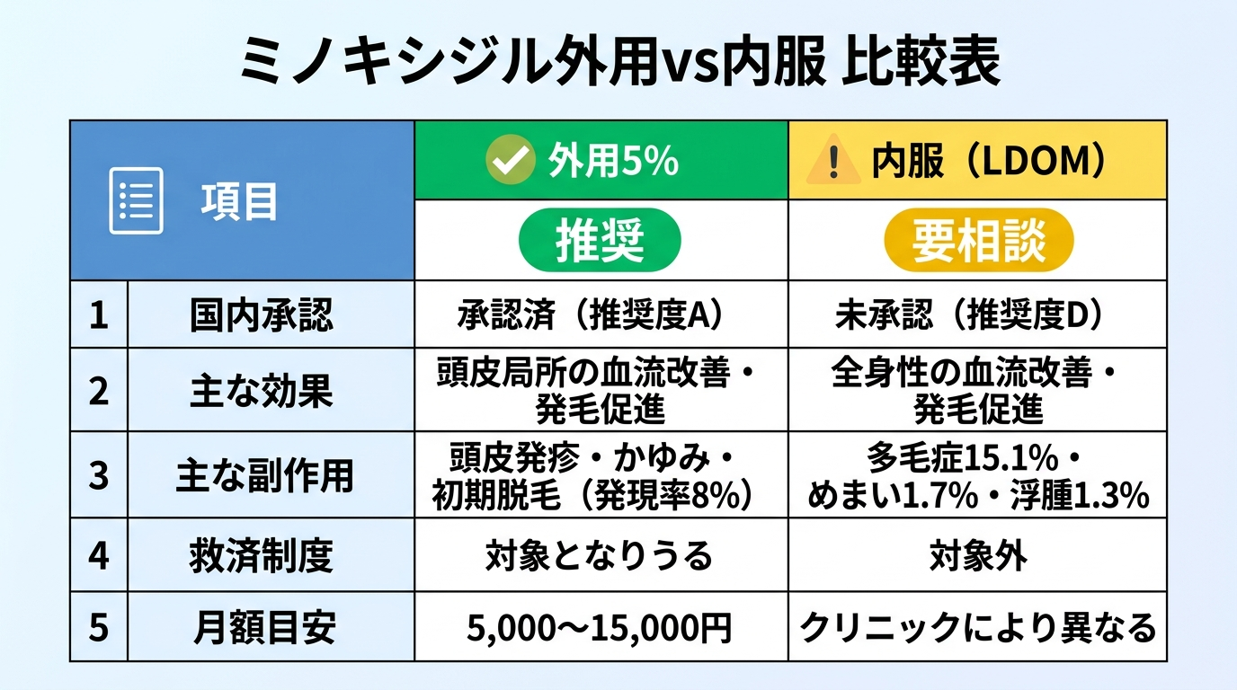 タイトル: ミノキシジル外用vs内服 比較表。3列の表: 項目 | 外用5% | 内服(LDOM)。行1: 国内承認 | 承認済み(推奨度A) | 未承認(推奨度D)。行2: 主な効果 | 頭皮局所の血流改善・発毛促進 | 全身性の血流改善・発毛促進。行3: 主な副作用 | 頭皮発疹・かゆみ・初期脱毛(発現率8%) | 多毛症15.1%・めまい1.7%・浮腫1.3%。行4: 救済制度 | 対象となりうる | 対象外。行5: 月額目安 | 5,000〜15,000円 | クリニックにより異なる。外用に緑の「推奨」バッジ、内服に黄色の「要相談」バッジを付与