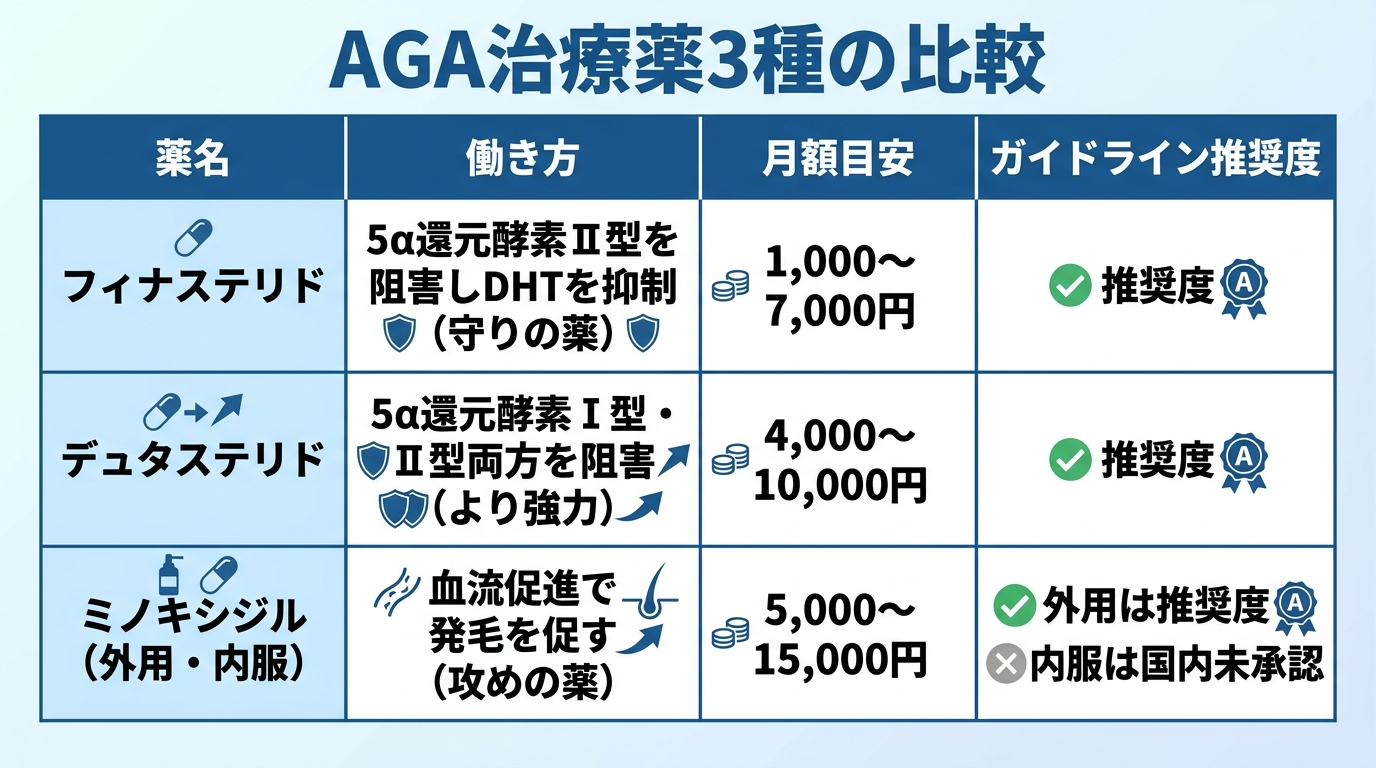 タイトル: AGA治療薬3種の比較。4列の表。ヘッダー行: 薬名 | 働き方 | 月額目安 | ガイドライン推奨度。行1: フィナステリド | 5α還元酵素Ⅱ型を阻害しDHTを抑制(守りの薬) | 1,000〜7,000円 | 推奨度A。行2: デュタステリド | 5α還元酵素Ⅰ型・Ⅱ型両方を阻害(より強力) | 4,000〜10,000円 | 推奨度A。行3: ミノキシジル(外用・内服) | 血流促進で発毛を促す(攻めの薬) | 5,000〜15,000円 | 外用は推奨度A・内服は国内未承認