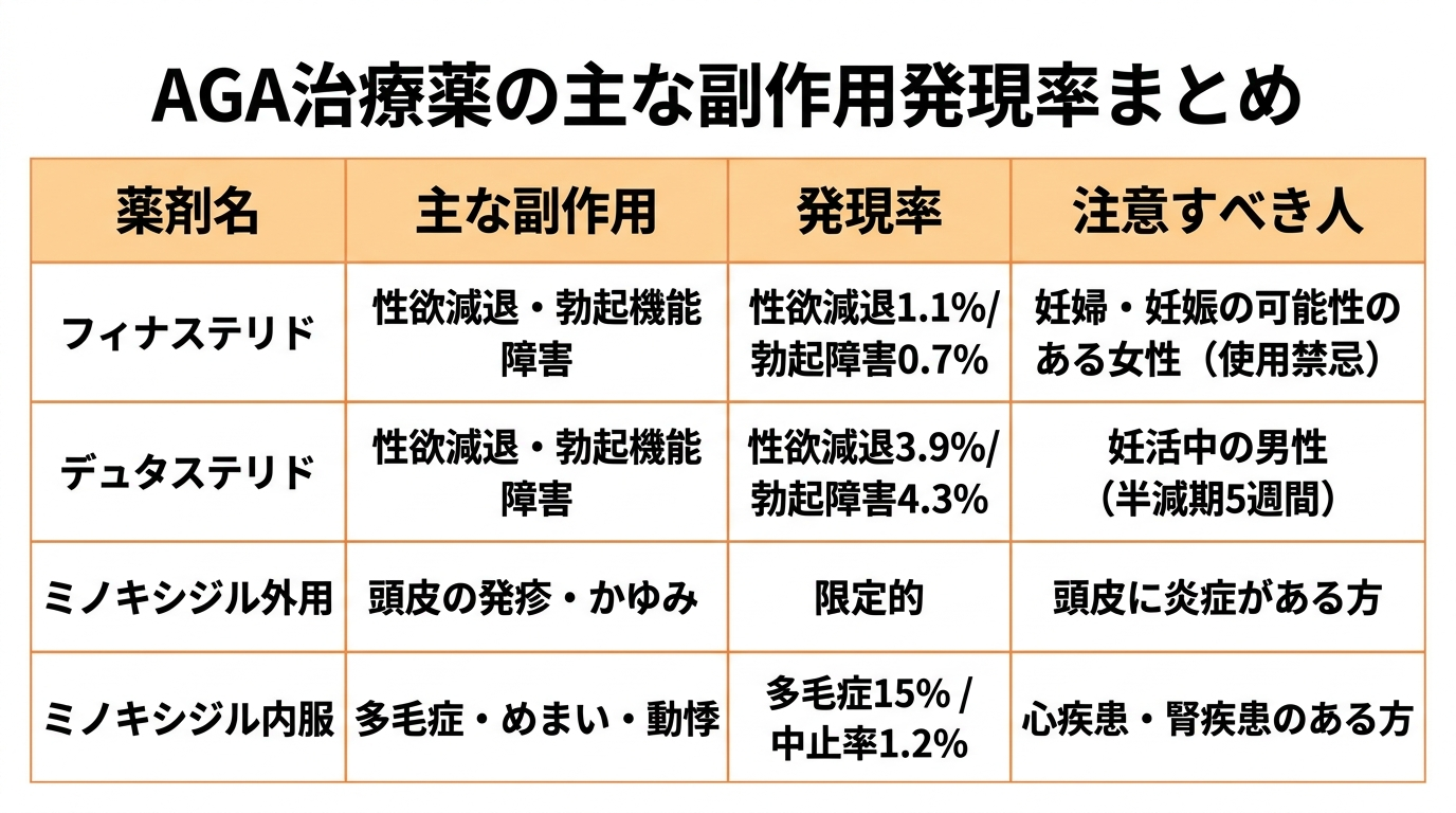 タイトル: AGA治療薬の主な副作用発現率まとめ。4列の表: ヘッダー行: 薬剤名 | 主な副作用 | 発現率 | 注意すべき人。行1: フィナステリド | 性欲減退・勃起機能障害 | 性欲減退1.1% / 勃起障害0.7% | 妊婦・妊娠の可能性のある女性(使用禁忌)。行2: デュタステリド | 性欲減退・勃起機能障害 | 性欲減退3.9% / 勃起障害4.3% | 妊活中の男性(半減期5週間)。行3: ミノキシジル外用 | 頭皮の発疹・かゆみ | 限定的 | 頭皮に炎症がある方。行4: ミノキシジル内服 | 多毛症・めまい・動悸 | 多毛症15% / 中止率1.2% | 心疾患・腎疾患のある方。背景は白、ヘッダー行は薄いオレンジ。