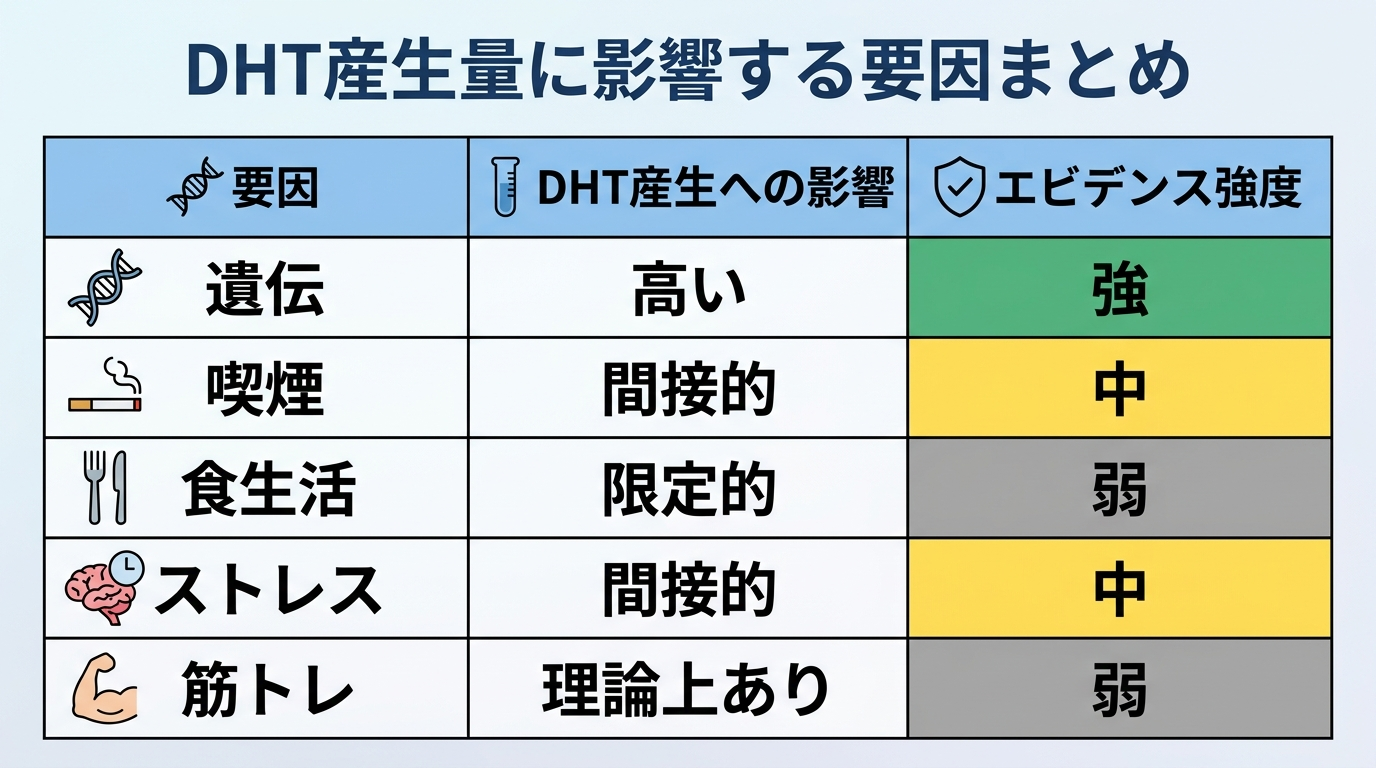 タイトル: DHT産生量に影響する要因まとめ。3列の表形式。列1: 要因(遺伝/喫煙/食生活/ストレス/筋トレ)。列2: DHT産生への影響(高い/間接的/限定的/間接的/理論上あり)。列3: エビデンス強度(強/中/弱/中/弱)。各セルに色分け: 強=緑、中=黄、弱=灰色