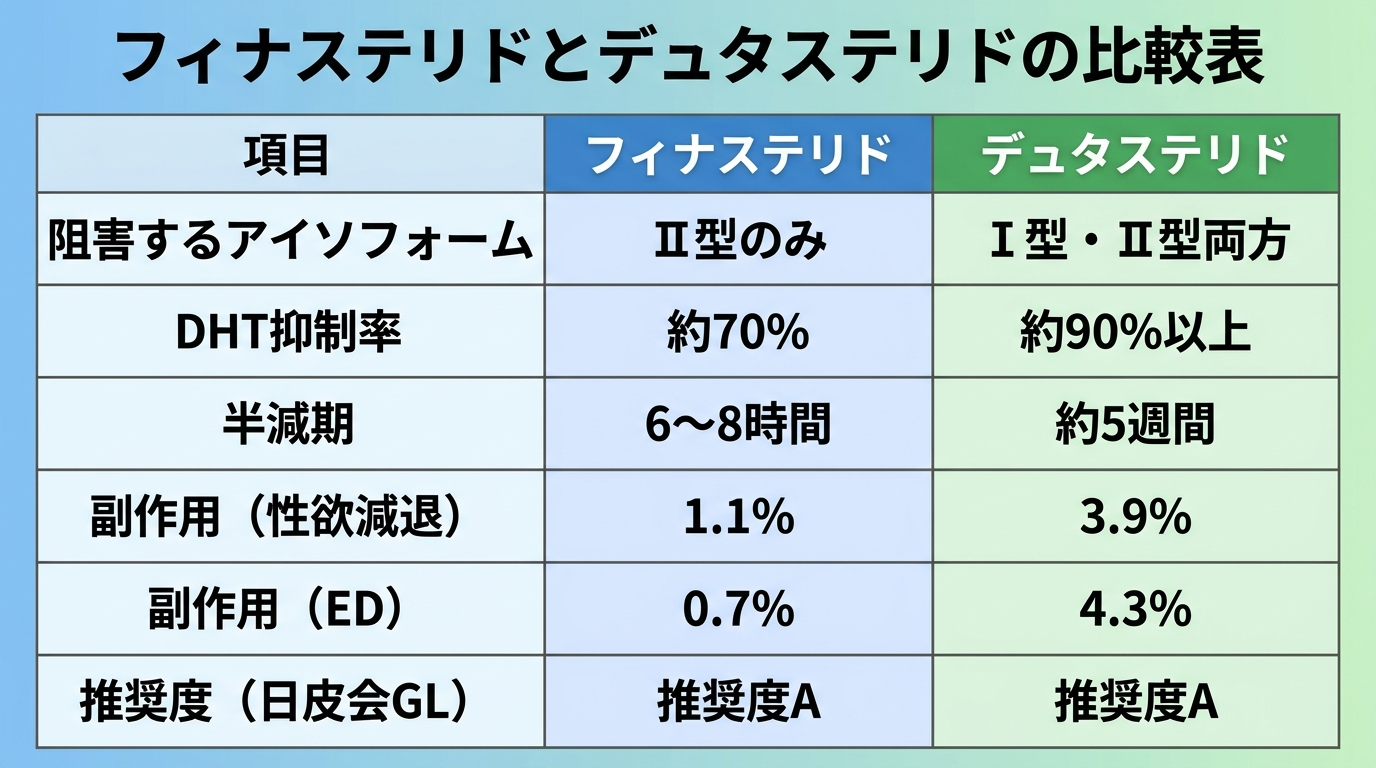 タイトル: フィナステリドとデュタステリドの比較表。5列の表形式。ヘッダー行: 項目 | フィナステリド | デュタステリド。行1: 阻害するアイソフォーム | Ⅱ型のみ | Ⅰ型・Ⅱ型両方。行2: DHT抑制率 | 約70% | 約90%以上。行3: 半減期 | 6〜8時間 | 約5週間。行4: 副作用(性欲減退) | 1.1% | 3.9%。行5: 副作用(ED) | 0.7% | 4.3%。行6: 推奨度(日皮会GL) | 推奨度A | 推奨度A。フィナステリド列は青系、デュタステリド列は緑系で色分け