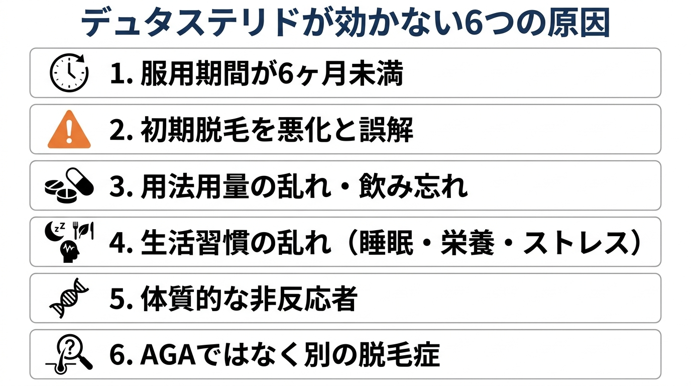 タイトル: デュタステリドが効かない6つの原因。縦並び6項目のリスト形式インフォグラフィック。項目1: 服用期間が6ヶ月未満（時計アイコン）。項目2: 初期脱毛を悪化と誤解（警告アイコン）。項目3: 用法用量の乱れ・飲み忘れ（錠剤アイコン）。項目4: 生活習慣の乱れ（睡眠・栄養・ストレス）（ライフスタイルアイコン）。項目5: 体質的な非反応者（遺伝子アイコン）。項目6: AGAではなく別の脱毛症（検査アイコン）。背景は白、各項目に薄いグレーのカード。