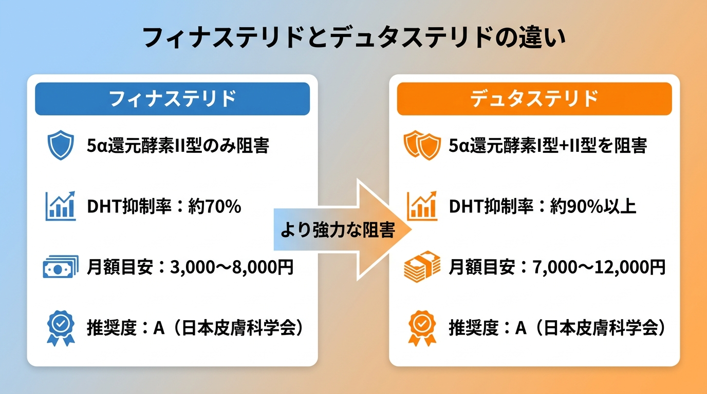 タイトル: フィナステリドとデュタステリドの違い。横並び2カード比較。左カード（青）: フィナステリド。5α還元酵素II型のみ阻害。DHT抑制率: 約70%。月額目安: 3,000〜8,000円。推奨度: A（日本皮膚科学会）。右カード（オレンジ）: デュタステリド。5α還元酵素I型+II型を阻害。DHT抑制率: 約90%以上。月額目安: 7,000〜12,000円。推奨度: A（日本皮膚科学会）。中央に矢印「より強力な阻害」の説明テキスト。