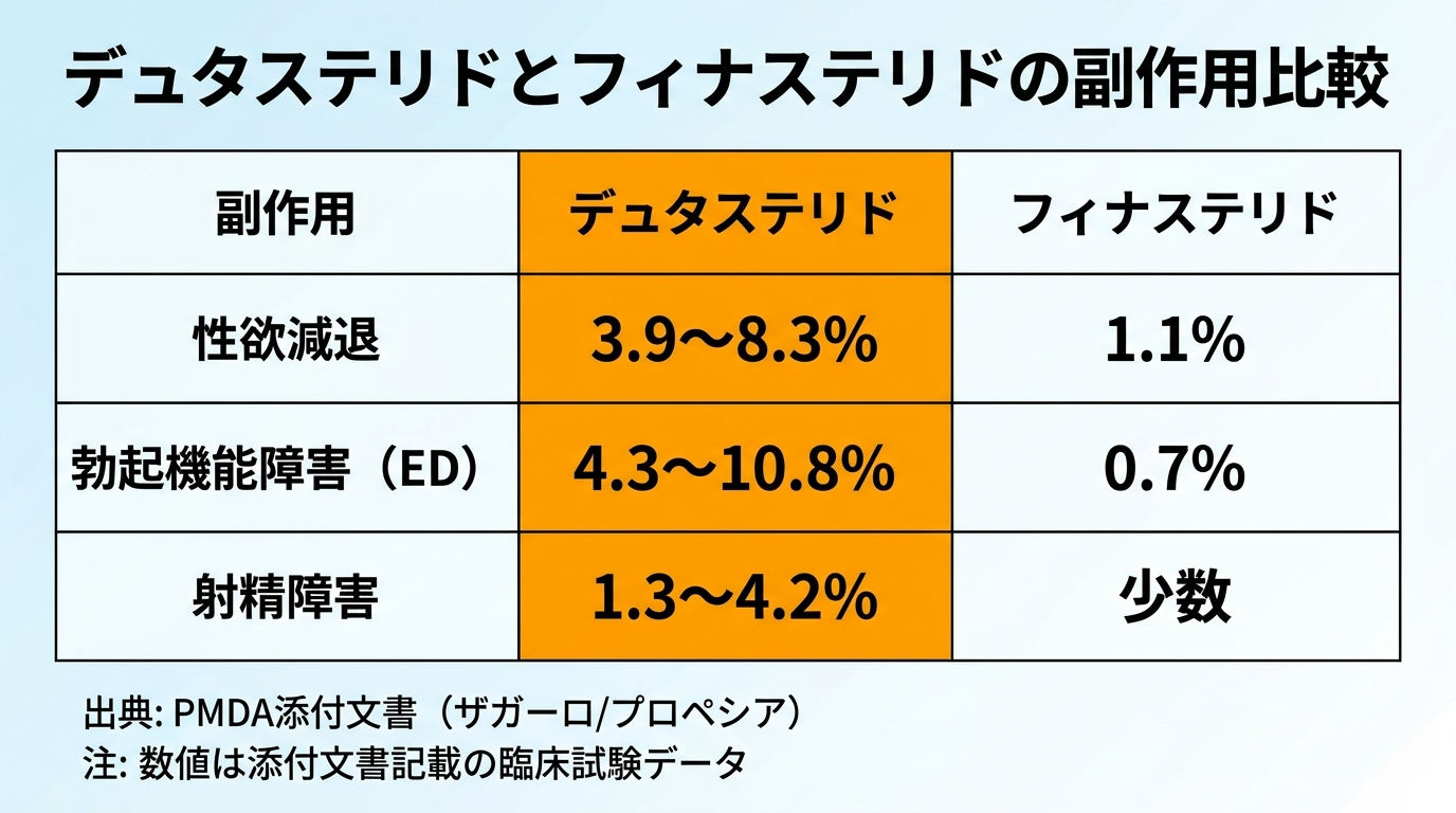 タイトル: デュタステリドとフィナステリドの副作用比較。3列の比較テーブル。ヘッダー: 副作用 | デュタステリド | フィナステリド。行1: 性欲減退 | 3.9〜8.3% | 1.1%。行2: 勃起機能障害（ED） | 4.3〜10.8% | 0.7%。行3: 射精障害 | 1.3〜4.2% | 少数。デュタステリド列はオレンジ色の背景で強調。出典: PMDA添付文書（ザガーロ/プロペシア）。注: 数値は添付文書記載の臨床試験データ。