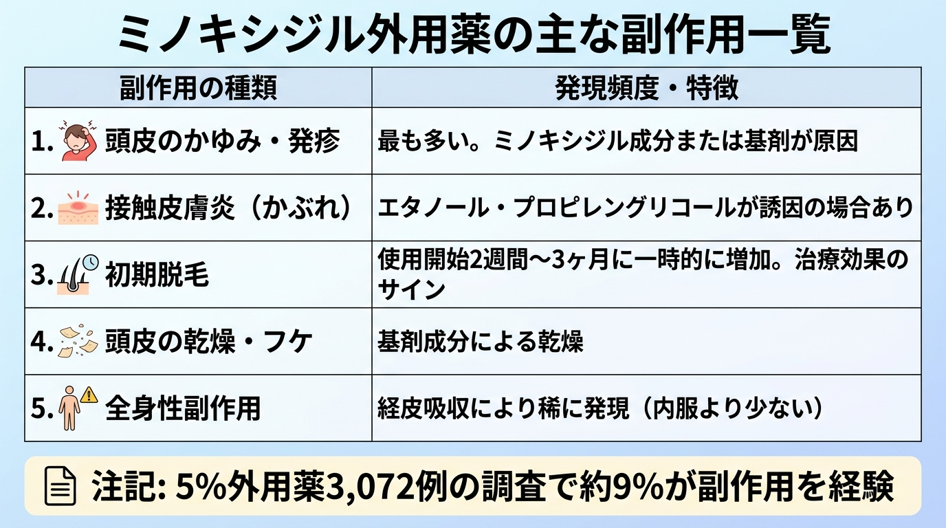 タイトル: ミノキシジル外用薬の主な副作用一覧。2列の表形式: 左列「副作用の種類」、右列「発現頻度・特徴」。行1: 頭皮のかゆみ・発疹 | 最も多い。ミノキシジル成分または基剤が原因。行2: 接触皮膚炎（かぶれ） | エタノール・プロピレングリコールが誘因の場合あり。行3: 初期脱毛 | 使用開始2週間〜3ヶ月に一時的に増加。治療効果のサイン。行4: 頭皮の乾燥・フケ | 基剤成分による乾燥。行5: 全身性副作用 | 経皮吸収により稀に発現（内服より少ない）。下部注記: 5%外用薬3,072例の調査で約9%が副作用を経験