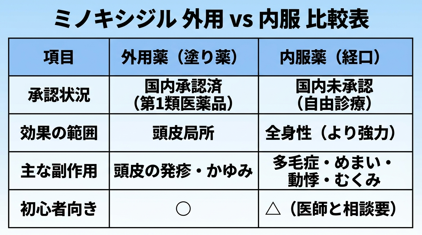 タイトル: ミノキシジル 外用 vs 内服 比較表。3列の表: ヘッダー行: 項目 | 外用薬(塗り薬) | 内服薬(経口)。行1: 承認状況 | 国内承認済(第1類医薬品) | 国内未承認(自由診療)。行2: 効果の範囲 | 頭皮局所 | 全身性(より強力)。行3: 主な副作用 | 頭皮の発疹・かゆみ | 多毛症・めまい・動悸・むくみ。行4: 初心者向き | ○ | △(医師と相談要)