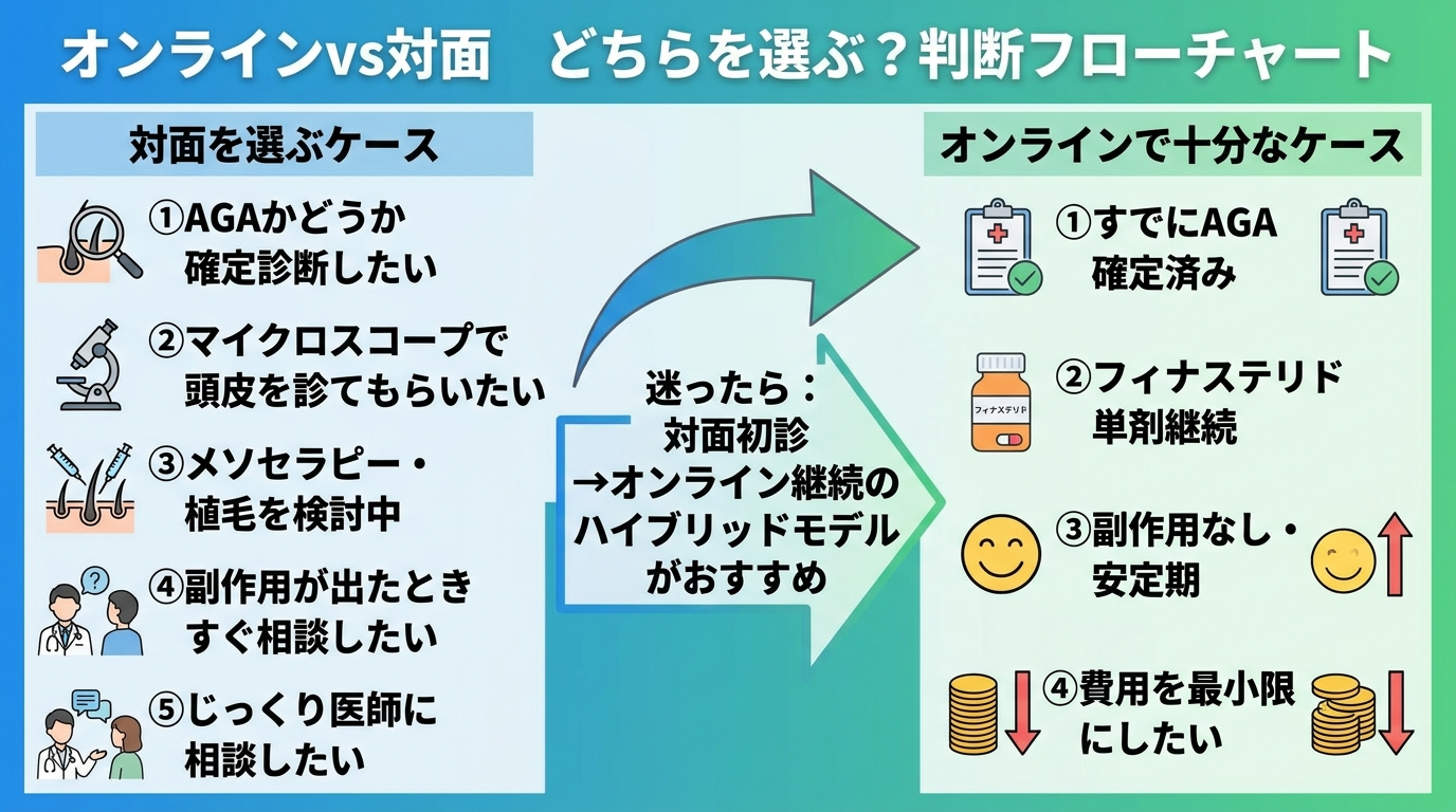 タイトル: オンラインvs対面 どちらを選ぶ？判断フローチャート。左列ヘッダー「対面を選ぶケース」: ①AGAかどうか確定診断したい ②マイクロスコープで頭皮を診てもらいたい ③メソセラピー・植毛を検討中 ④副作用が出たときすぐ相談したい ⑤じっくり医師に相談したい。右列ヘッダー「オンラインで十分なケース」: ①すでにAGA確定済み ②フィナステリド単剤継続 ③副作用なし・安定期 ④費用を最小限にしたい。中央に矢印で「迷ったら：対面初診→オンライン継続のハイブリッドモデルがおすすめ」