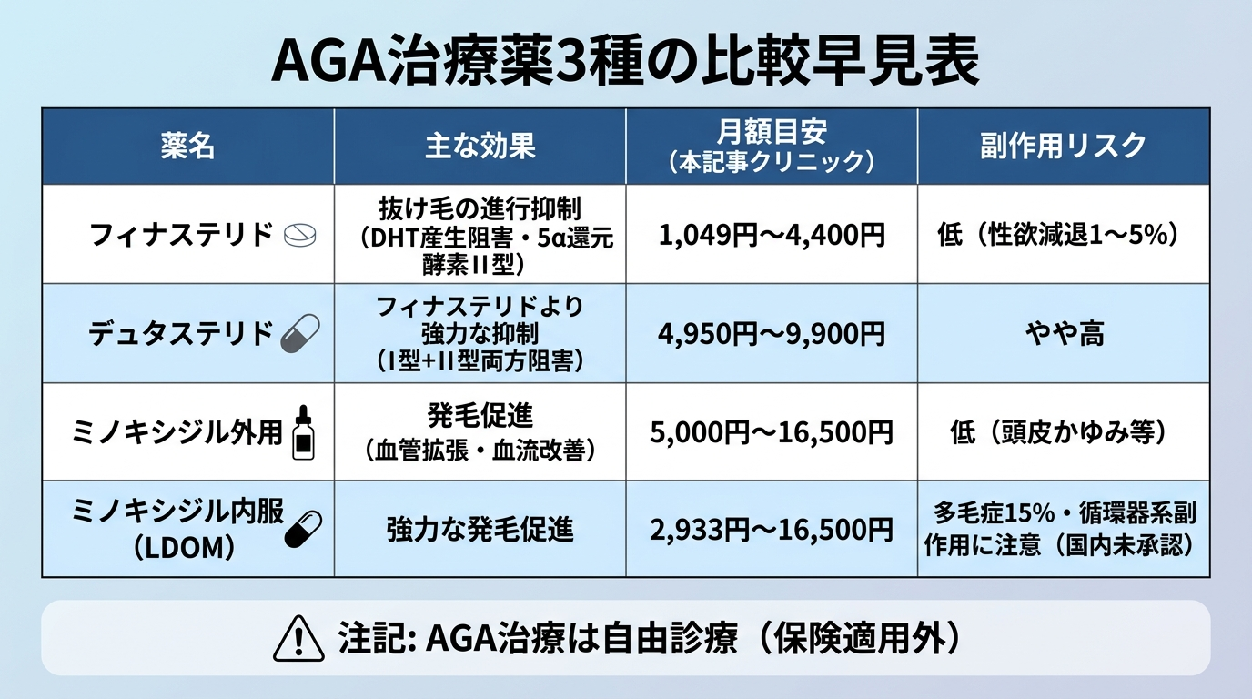 タイトル: AGA治療薬3種の比較早見表。4列の表: ヘッダー行: 薬名 | 主な効果 | 月額目安（本記事クリニック） | 副作用リスク。行1: フィナステリド | 抜け毛の進行を抑制（DHT産生阻害・5α還元酵素II型） | 1,049円〜4,400円 | 低い（性欲減退1〜5%）。行2: デュタステリド | フィナステリドより強力な抑制（I型+II型両方阻害） | 4,950円〜9,900円 | やや高め。行3: ミノキシジル外用 | 発毛促進（血管拡張・血流改善） | 5,000円〜16,500円 | 低い（頭皮かゆみ等）。行4: ミノキシジル内服（LDOM） | 強力な発毛促進 | 2,933円〜16,500円 | 多毛症15%・循環器系副作用に注意（国内未承認）。注記: AGA治療は自由診療（保険適用外）