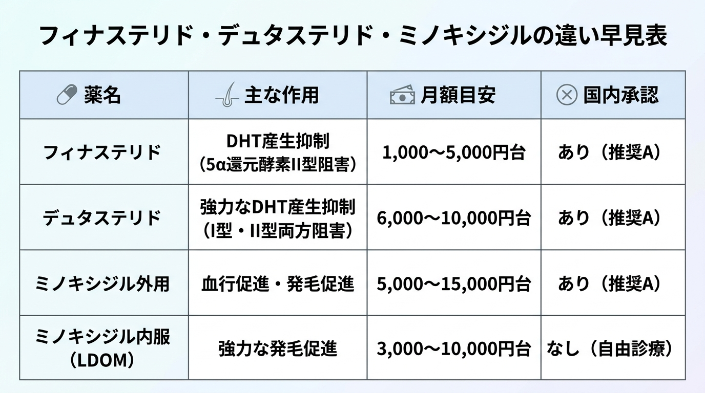 AGA治療薬3種の比較表インフォグラフィック。タイトル: フィナステリド・デュタステリド・ミノキシジルの違い早見表。4列の表: ヘッダー行: 薬名 | 主な作用 | 月額目安 | 国内承認。行1: フィナステリド | DHT産生抑制（5α還元酵素II型阻害） | 1,000〜5,000円台 | あり（推奨A）。行2: デュタステリド | 強力なDHT産生抑制（I型・II型両方阻害） | 6,000〜10,000円台 | あり（推奨A）。行3: ミノキシジル外用 | 血行促進・発毛促進 | 5,000〜15,000円台 | あり（推奨A）。行4: ミノキシジル内服（LDOM） | 強力な発毛促進 | 3,000〜10,000円台 | なし（自由診療）
