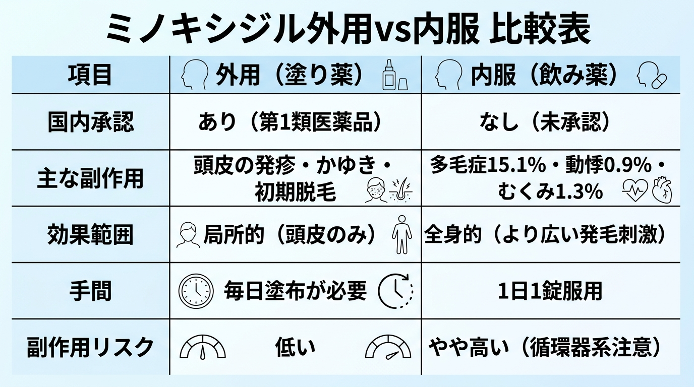 タイトル: ミノキシジル外用vs内服 比較表。4列の表。ヘッダー行: 項目 | 外用（塗り薬） | 内服（飲み薬）。行1: 国内承認 | あり（第1類医薬品） | なし（未承認）。行2: 主な副作用 | 頭皮の発疹・かゆき・初期脱毛 | 多毛症15.1%・動悸0.9%・むくみ1.3%。行3: 効果範囲 | 局所的（頭皮のみ） | 全身的（より広い発毛刺激）。行4: 手間 | 毎日塗布が必要 | 1日1錠服用。行5: 副作用リスク | 低い | やや高い（循環器系注意）