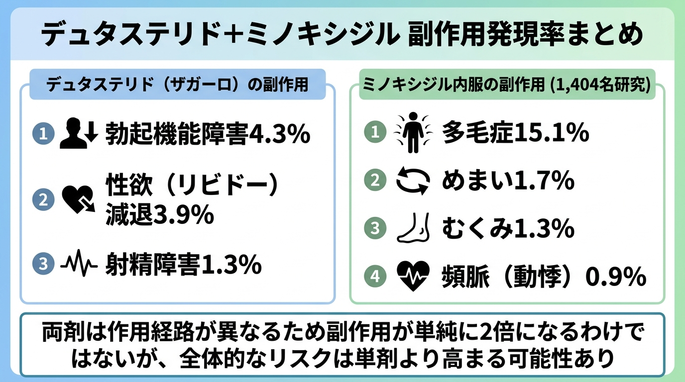 タイトル: デュタステリド＋ミノキシジル 副作用発現率まとめ。左右2カラム構成。左カラムタイトル: デュタステリド（ザガーロ）の副作用。リスト: 勃起機能障害4.3% / 性欲（リビドー）減退3.9% / 射精障害1.3%。右カラムタイトル: ミノキシジル内服の副作用（1,404名研究）。リスト: 多毛症15.1% / めまい1.7% / むくみ1.3% / 頻脈（動悸）0.9%。下部注記: 両剤は作用経路が異なるため副作用が単純に2倍になるわけではないが、全体的なリスクは単剤より高まる可能性あり
