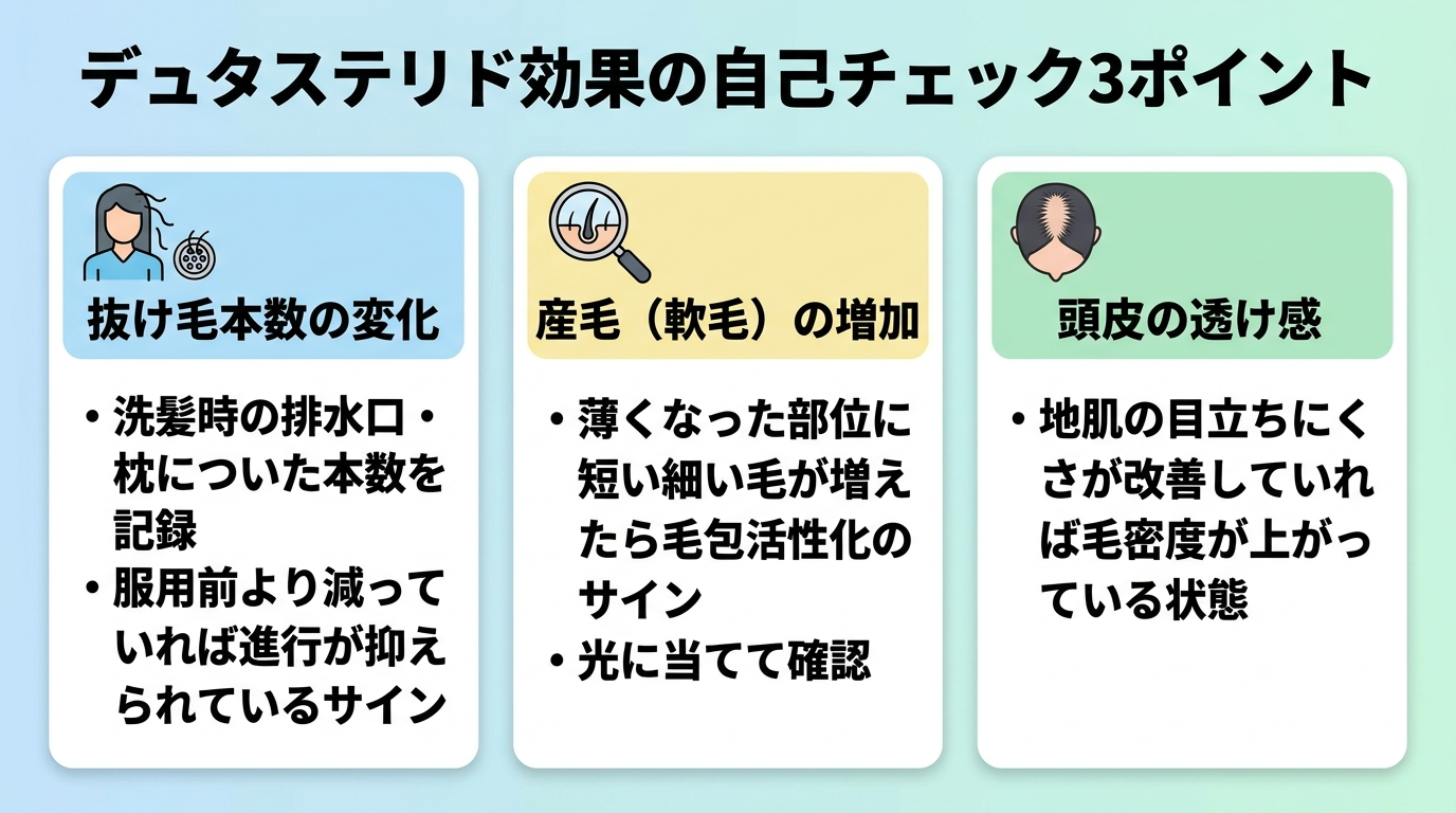 タイトル: デュタステリド効果の自己チェック3ポイント。縦並び3つのカード形式。カード1（抜け毛アイコン）: 抜け毛本数の変化 — 洗髪時の排水口・枕についた本数を記録。服用前より減っていれば進行が抑えられているサイン。カード2（産毛アイコン）: 産毛（軟毛）の増加 — 薄くなった部位に短い細い毛が増えたら毛包活性化のサイン。光に当てて確認。カード3（頭皮アイコン）: 頭皮の透け感 — 地肌の目立ちにくさが改善していれば毛密度が上がっている状態