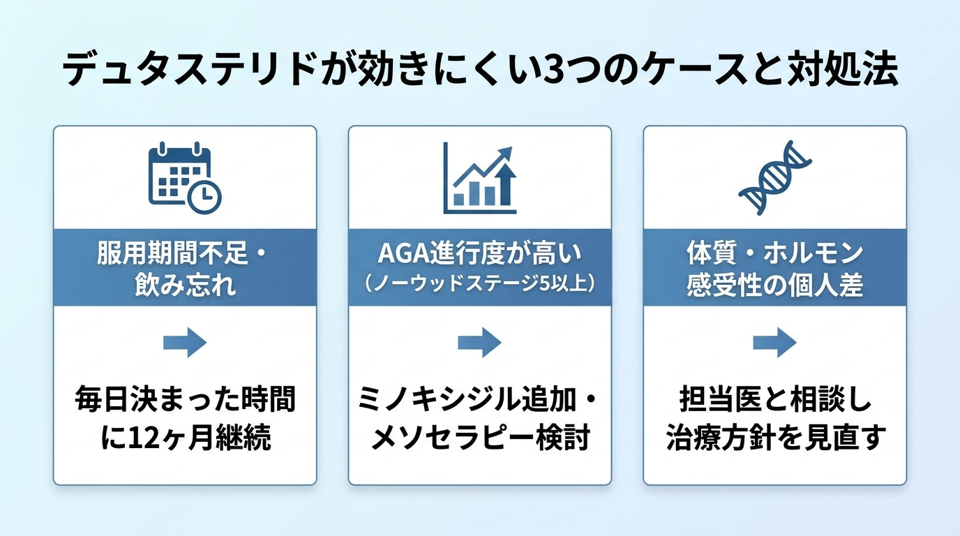 タイトル: デュタステリドが効きにくい3つのケースと対処法。横並び3カード形式。カード1（カレンダーアイコン）: 服用期間不足・飲み忘れ → 毎日決まった時間に12ヶ月継続。カード2（グラフアイコン）: AGA進行度が高い（ノーウッドステージ5以上）→ ミノキシジル追加・メソセラピー検討。カード3（DNAアイコン）: 体質・ホルモン感受性の個人差 → 担当医と相談し治療方針を見直す