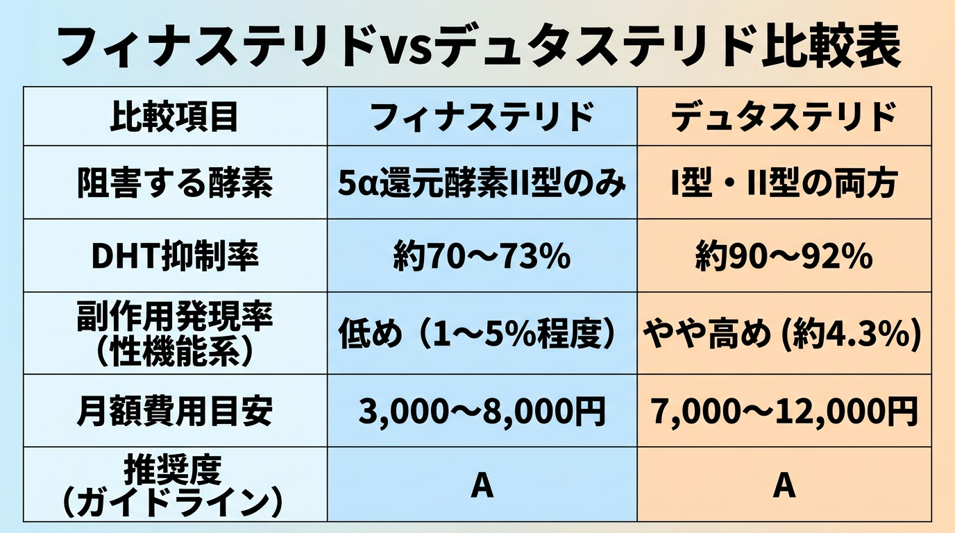 タイトル: フィナステリドvsデュタステリド比較表。4列の表形式。ヘッダー行: 比較項目 | フィナステリド | デュタステリド。行1: 阻害する酵素 | 5α還元酵素II型のみ | I型・II型の両方。行2: DHT抑制率 | 約70〜73% | 約90〜92%。行3: 副作用発現率（性機能系） | 低め（1〜5%程度） | やや高め（約4.3%）。行4: 月額費用目安 | 3,000〜8,000円 | 7,000〜12,000円。行5: 推奨度（ガイドライン） | A | A。フィナステリドは青、デュタステリドはオレンジで色分け