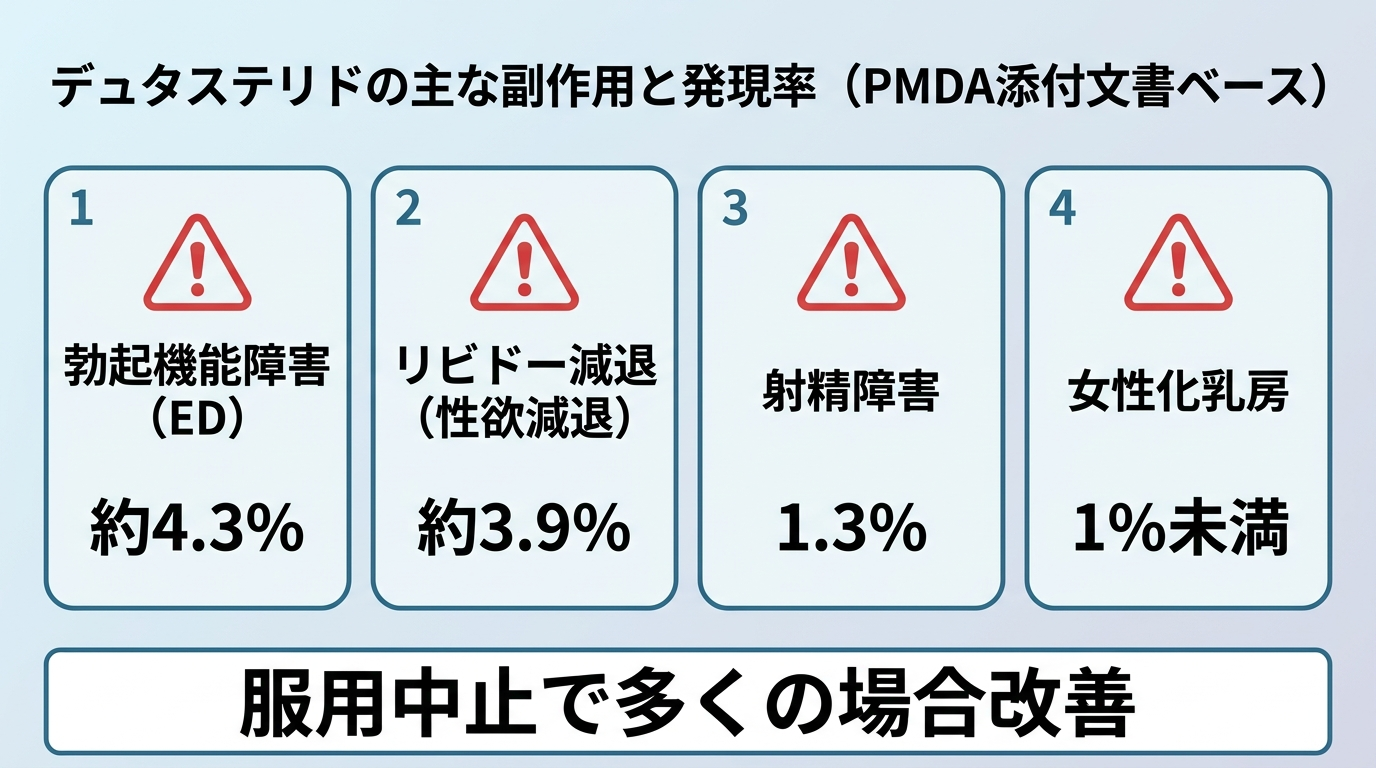 タイトル: デュタステリドの主な副作用と発現率（PMDA添付文書ベース）。縦型カード4枚。カード1: 勃起機能障害（ED）約4.3%。カード2: リビドー減退（性欲減退）約3.9%。カード3: 射精障害 1.3%。カード4: 女性化乳房 1%未満。各カードに注意アイコン。下部に「服用中止で多くの場合改善」とキャプション