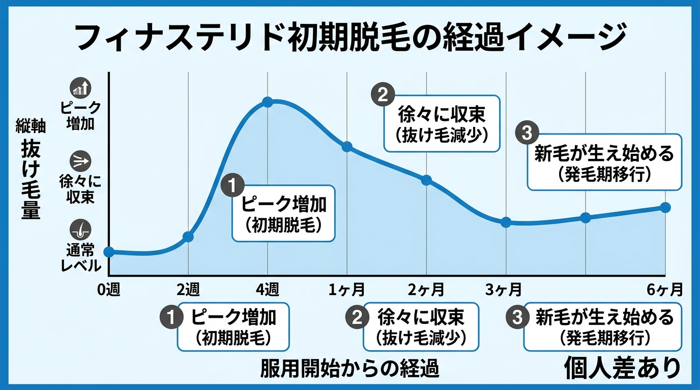 タイトル: フィナステリド初期脱毛の経過イメージ。横軸: 服用開始からの経過(0週→2週→4週→1ヶ月→2ヶ月→3ヶ月→6ヶ月)。折れ線グラフ: 抜け毛量の変化。0〜2週は通常レベル、2〜4週でピーク増加、1〜3ヶ月で徐々に収束、3〜6ヶ月で新毛が生え始める。注記: 個人差あり