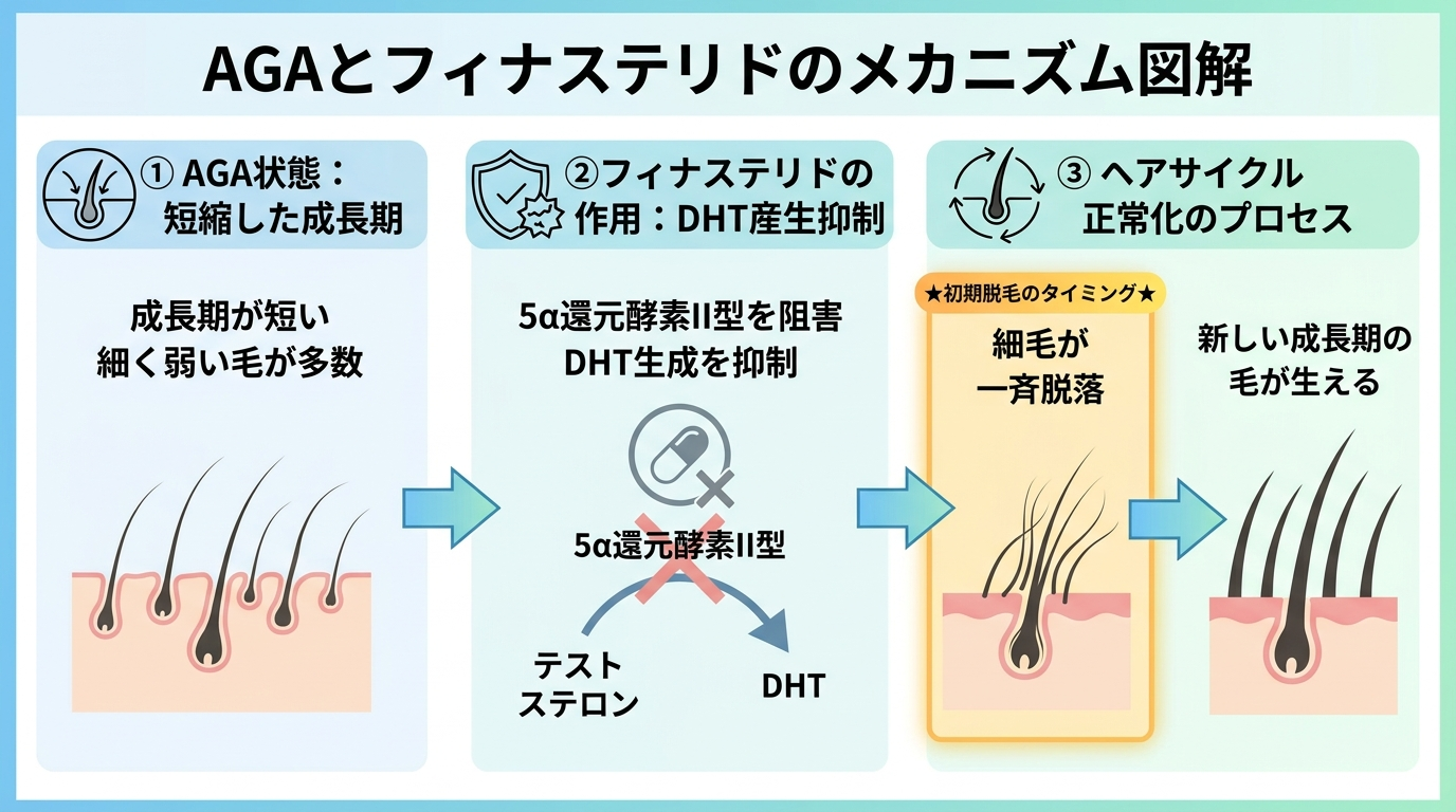 タイトル: AGAとフィナステリドのメカニズム図解。左側: AGA状態(成長期が短い→細く弱い毛が多数)。中央: フィナステリドがDHT産生を抑制(5α還元酵素II型阻害)。右側: ヘアサイクル正常化→細毛が一斉脱落→新しい成長期の毛が生える。矢印で流れを示し、初期脱毛が起きるタイミングをハイライト