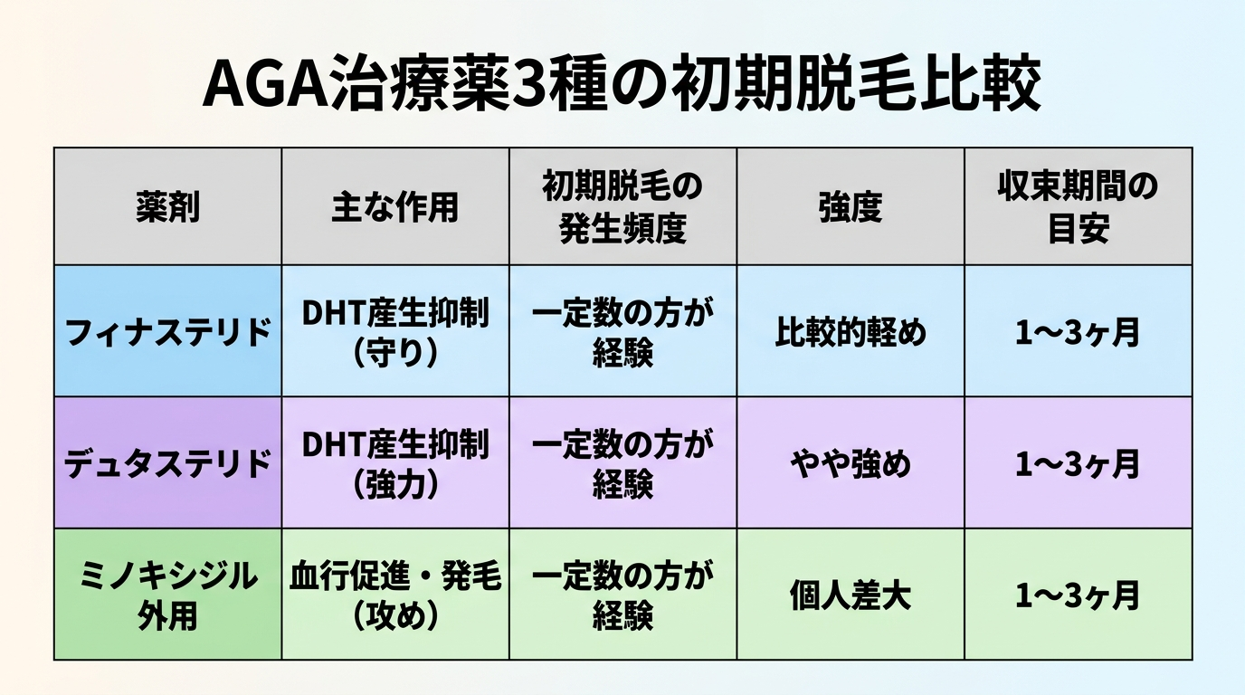 タイトル: AGA治療薬3種の初期脱毛比較。5列の表。ヘッダー行: 薬剤 | 主な作用 | 初期脱毛の発生頻度 | 強度 | 収束期間の目安。行1: フィナステリド | DHT産生抑制(守り) | 一定数の方が経験 | 比較的軽め | 1〜3ヶ月。行2: デュタステリド | DHT産生抑制(強力) | 一定数の方が経験 | やや強め | 1〜3ヶ月。行3: ミノキシジル外用 | 血行促進・発毛(攻め) | 一定数の方が経験 | 個人差大 | 1〜3ヶ月。背景色: フィナステリド行=薄青、デュタステリド行=薄紫、ミノキシジル行=薄緑