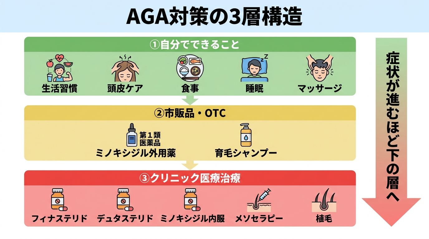 タイトル: AGA対策の3層構造。縦並び3段のフロー図。段1(緑): ①自分でできること/生活習慣・頭皮ケア・食事・睡眠・マッサージ。段2(黄): ②市販品・OTC/ミノキシジル外用薬(第1類医薬品)・育毛シャンプー。段3(赤): ③クリニック医療治療/フィナステリド・デュタステリド・ミノキシジル内服・メソセラピー・植毛。右端に矢印で「症状が進むほど下の層へ」