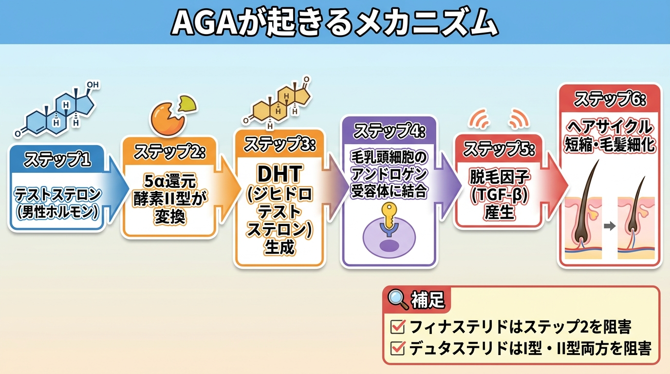 タイトル: AGAが起きるメカニズム。左から右へのフロー矢印図。ステップ1: テストステロン(男性ホルモン)→ ステップ2: 5α還元酵素II型が変換 → ステップ3: DHT(ジヒドロテストステロン)生成 → ステップ4: 毛乳頭細胞のアンドロゲン受容体に結合 → ステップ5: 脱毛因子(TGF-β)産生 → ステップ6: ヘアサイクル短縮・毛髪細化。右下に補足ボックス: フィナステリドはステップ2を阻害、デュタステリドはI型・II型両方を阻害