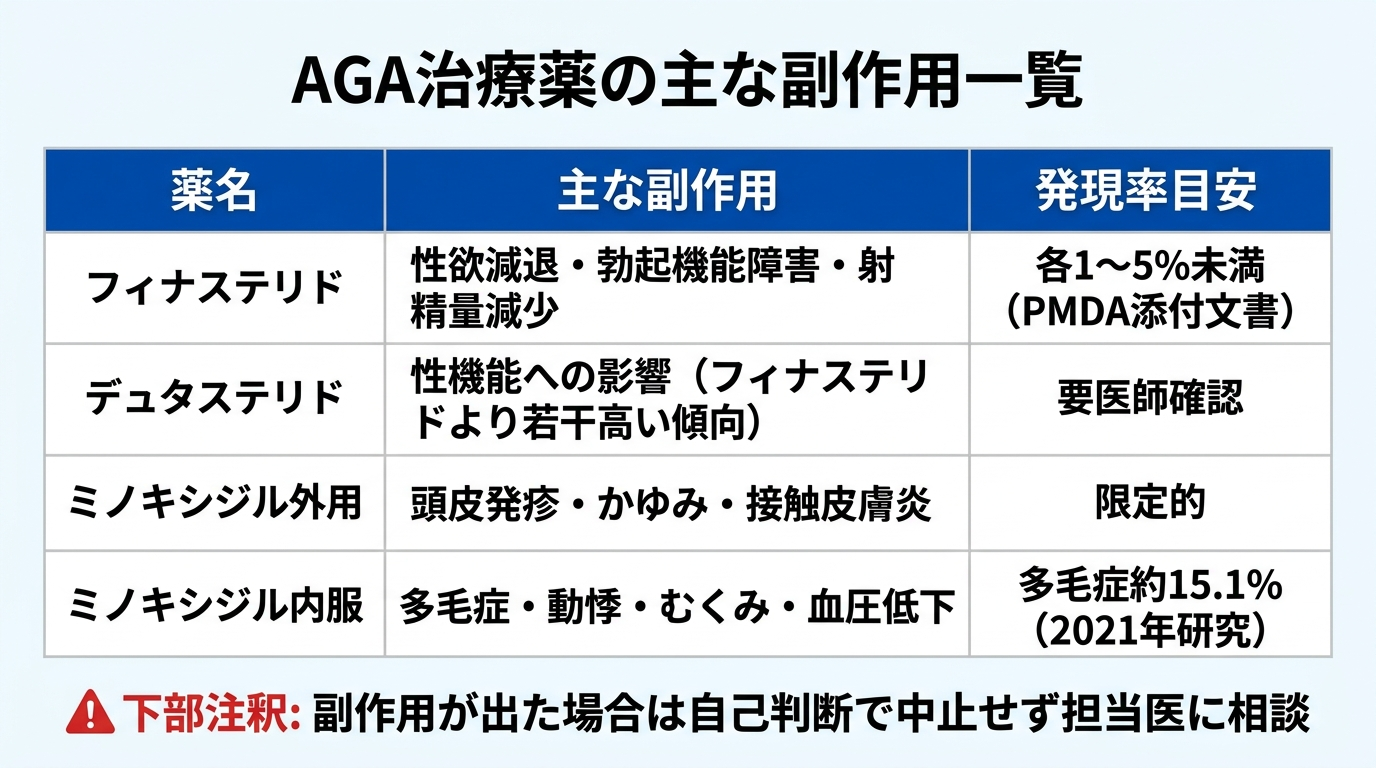 タイトル: AGA治療薬の主な副作用一覧。3列の表。ヘッダー行: 薬名 | 主な副作用 | 発現率目安。行1: フィナステリド | 性欲減退・勃起機能障害・射精量減少 | 各1〜5%未満(PMDA添付文書)。行2: デュタステリド | 性機能への影響(フィナステリドより若干高い傾向) | 要医師確認。行3: ミノキシジル外用 | 頭皮発疹・かゆみ・接触皮膚炎 | 限定的。行4: ミノキシジル内服 | 多毛症・動悸・むくみ・血圧低下 | 多毛症約15.1%(2021年研究)。下部注釈: 副作用が出た場合は自己判断で中止せず担当医に相談
