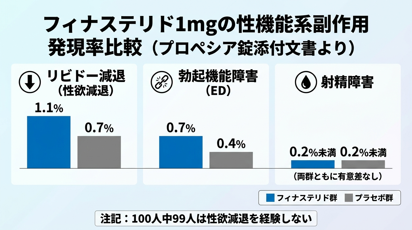 タイトル: フィナステリド1mgの性機能系副作用 発現率比較（プロペシア錠添付文書より）。縦棒グラフ形式。3グループの比較: グループ1「リビドー減退（性欲減退）」: フィナステリド群1.1% vs プラセボ群0.7%。グループ2「勃起機能障害（ED）」: フィナステリド群0.7% vs プラセボ群0.4%。グループ3「射精障害」: フィナステリド群0.2%未満 vs プラセボ群0.2%未満（両群ともに有意差なし）。グラフ下部の注記: 「100人中99人は性欲減退を経験しない」。色: フィナステリド群＝青、プラセボ群＝グレー。
