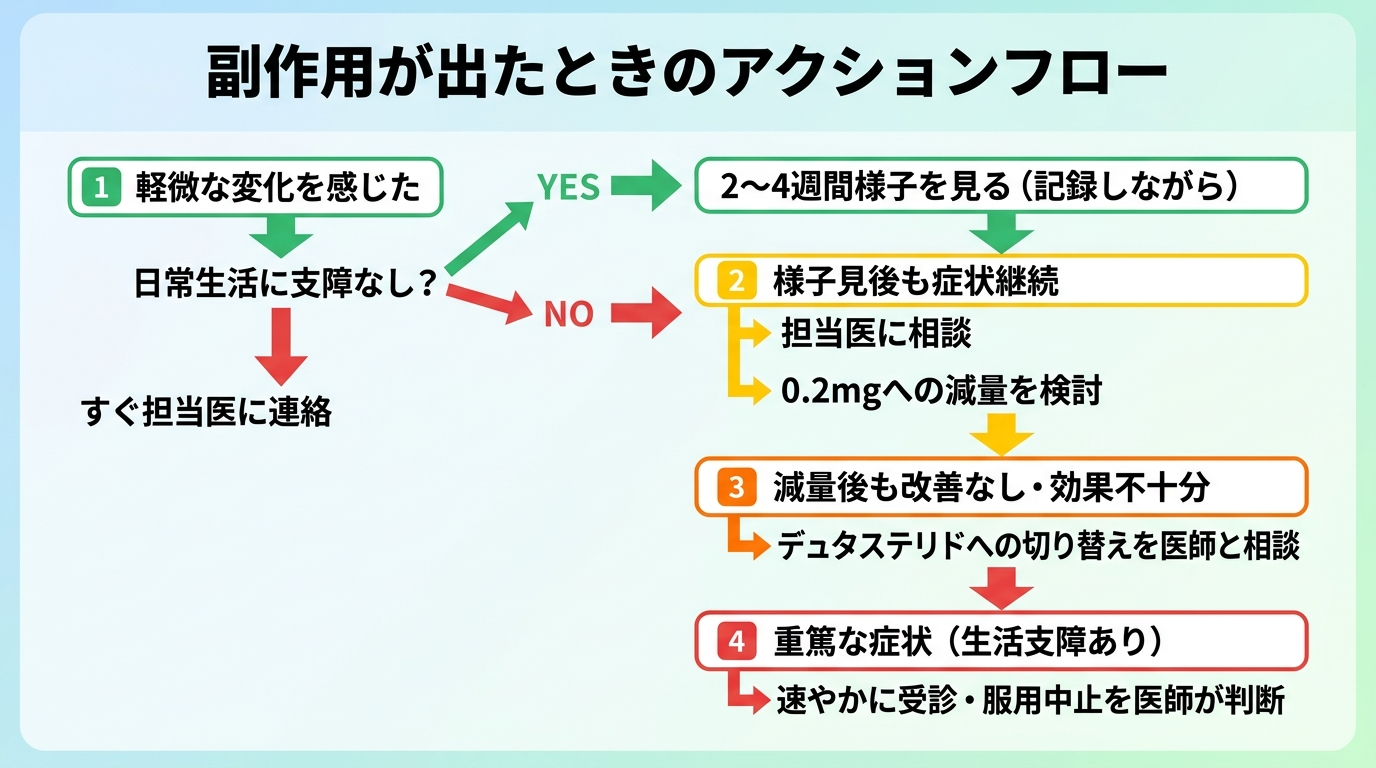 タイトル: 副作用が出たときのアクションフロー。縦方向のフローチャート形式。ステップ1（緑）: 「軽微な変化を感じた」→ 「日常生活に支障なし？」→ YES: 「2〜4週間様子を見る（記録しながら）」/ NO: 「すぐ担当医に連絡」。ステップ2（黄）: 「様子見後も症状継続」→ 「担当医に相談」→ 「0.2mgへの減量を検討」。ステップ3（オレンジ）: 「減量後も改善なし・効果不十分」→ 「デュタステリドへの切り替えを医師と相談」。ステップ4（赤）: 「重篤な症状（生活支障あり）」→ 「速やかに受診・服用中止を医師が判断」。各ステップ間に矢印。