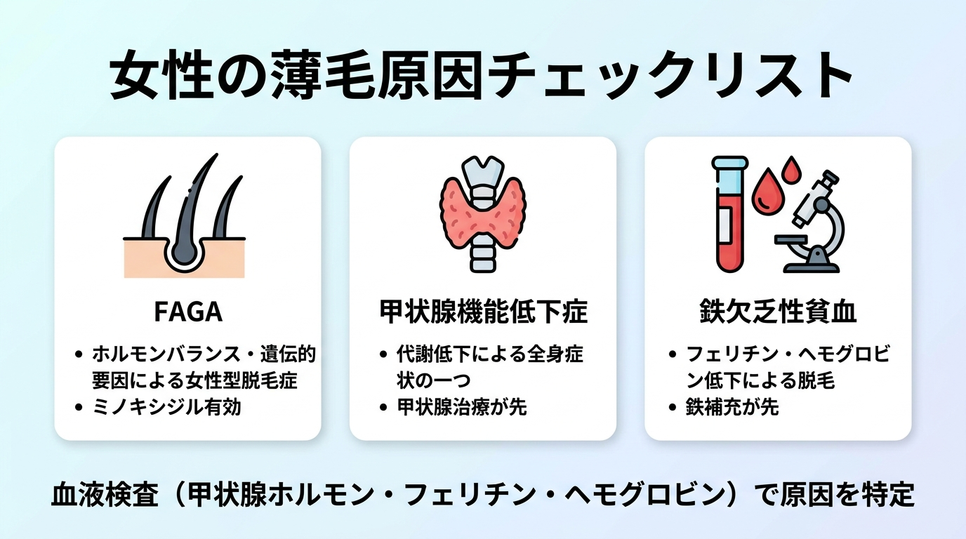 タイトル: 女性の薄毛原因チェックリスト。3列カード形式: カード1(髪の毛アイコン)タイトル: FAGA、説明: ホルモンバランス・遺伝的要因による女性型脱毛症。ミノキシジル有効。カード2(甲状腺アイコン)タイトル: 甲状腺機能低下症、説明: 代謝低下による全身症状の一つ。甲状腺治療が先。カード3(血液検査アイコン)タイトル: 鉄欠乏性貧血、説明: フェリチン・ヘモグロビン低下による脱毛。鉄補充が先。下部に: 血液検査(甲状腺ホルモン・フェリチン・ヘモグロビン)で原因を特定