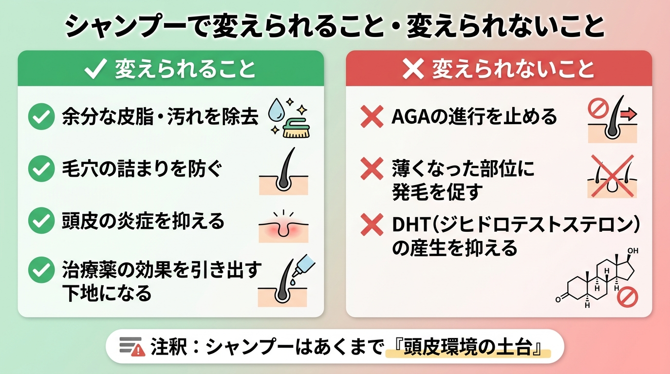 インフォグラフィック。タイトル: シャンプーで変えられること・変えられないこと。2カラム構成。左カラム(緑系): ✓ 余分な皮脂・汚れを除去 ✓ 毛穴の詰まりを防ぐ ✓ 頭皮の炎症を抑える ✓ 治療薬の効果を引き出す下地になる。右カラム(赤系): ✗ AGAの進行を止める ✗ 薄くなった部位に発毛を促す ✗ DHT(ジヒドロテストステロン)の産生を抑える。下部に注釈: シャンプーはあくまで『頭皮環境の土台』