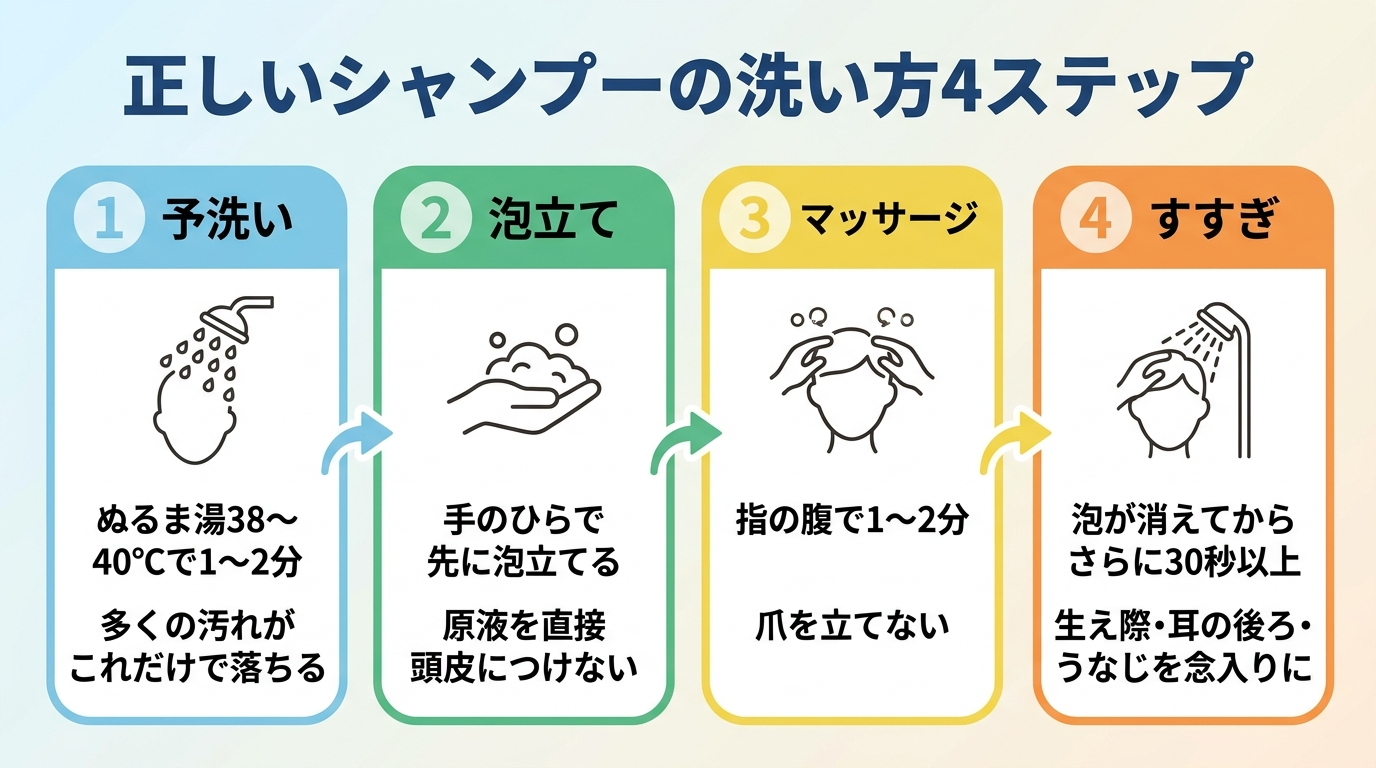 インフォグラフィック。タイトル: 正しいシャンプーの洗い方4ステップ。縦型フロー図。ステップ1(水色): 予洗い|ぬるま湯38〜40℃で1〜2分。多くの汚れがこれだけで落ちる。ステップ2(緑): 泡立て|手のひらで先に泡立てる。原液を直接頭皮につけない。ステップ3(黄): マッサージ|指の腹で1〜2分。爪を立てない。ステップ4(橙): すすぎ|泡が消えてからさらに30秒以上。生え際・耳の後ろ・うなじを念入りに