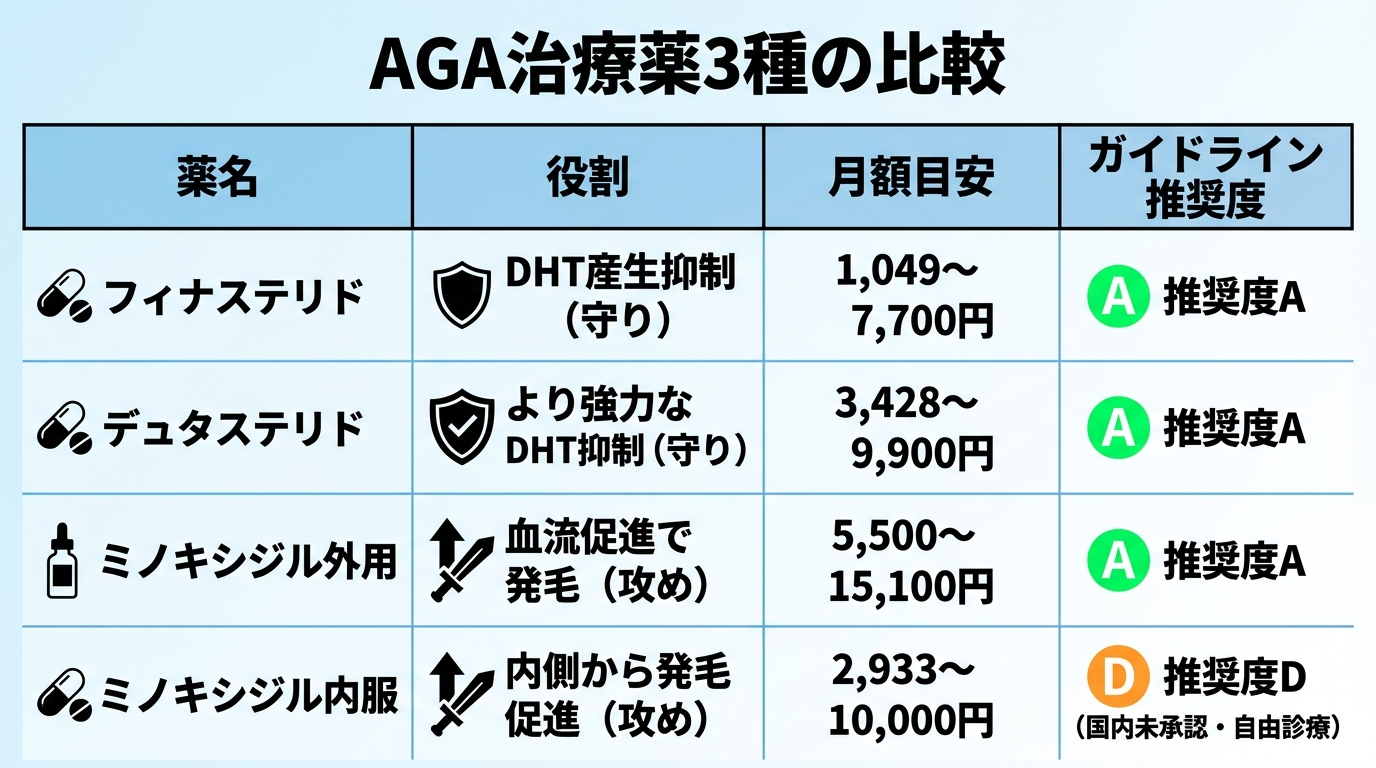 タイトル: AGA治療薬3種の比較。4列の表: ヘッダー行: 薬名 | 役割 | 月額目安 | ガイドライン推奨度。行1: フィナステリド | DHT産生抑制(守り) | 1,049〜7,700円 | 推奨度A。行2: デュタステリド | より強力なDHT抑制(守り) | 3,428〜9,900円 | 推奨度A。行3: ミノキシジル外用 | 血流促進で発毛(攻め) | 5,500〜15,100円 | 推奨度A。行4: ミノキシジル内服 | 内側から発毛促進(攻め) | 2,933〜10,000円 | 推奨度D(国内未承認・自由診療)