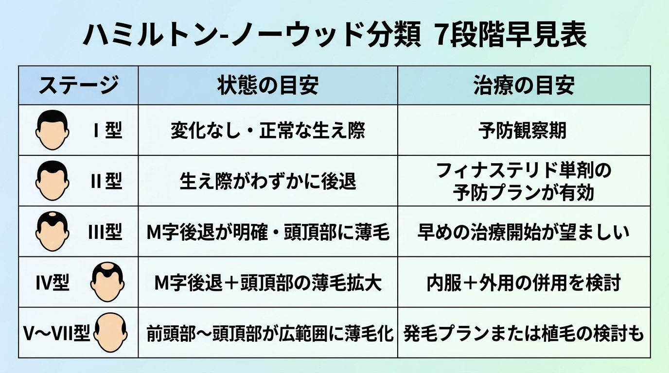 タイトル: ハミルトン-ノーウッド分類 7段階早見表。表形式。ヘッダー行: ステージ | 状態の目安 | 治療の目安。I型: 変化なし・正常な生え際 | 予防観察期。II型: 生え際がわずかに後退 | フィナステリド単剤の予防プランが有効。III型: M字後退が明確・頭頂部に薄毛 | 早めの治療開始が望ましい。IV型: M字後退+頭頂部の薄毛拡大 | 内服+外用の併用を検討。V〜VII型: 前頭部〜頭頂部が広範囲に薄毛化 | 発毛プランまたは植毛の検討も