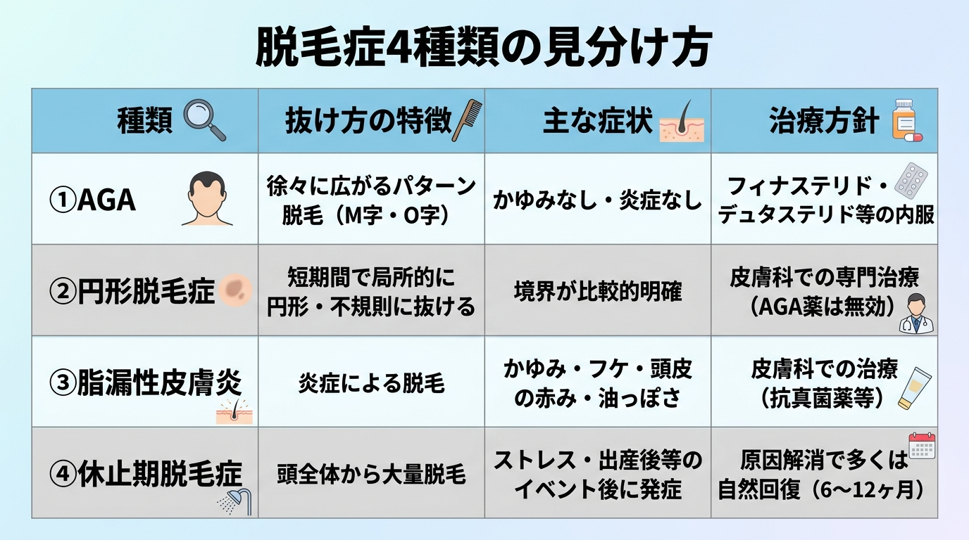 タイトル: 脱毛症4種類の見分け方。4列の比較表。ヘッダー行: 種類 | 抜け方の特徴 | 主な症状 | 治療方針。行1: AGA | 徐々に広がるパターン脱毛(M字・O字) | かゆみなし・炎症なし | フィナステリド・デュタステリド等の内服。行2: 円形脱毛症 | 短期間で局所的に円形・不規則に抜ける | 境界が比較的明確 | 皮膚科での専門治療(AGA薬は無効)。行3: 脂漏性皮膚炎 | 炎症による脱毛 | かゆみ・フケ・頭皮の赤み・油っぽさ | 皮膚科での治療(抗真菌薬等)。行4: 休止期脱毛症 | 頭全体から大量脱毛 | ストレス・出産後等のイベント後に発症 | 原因解消で多くは自然回復(6〜12ヶ月)