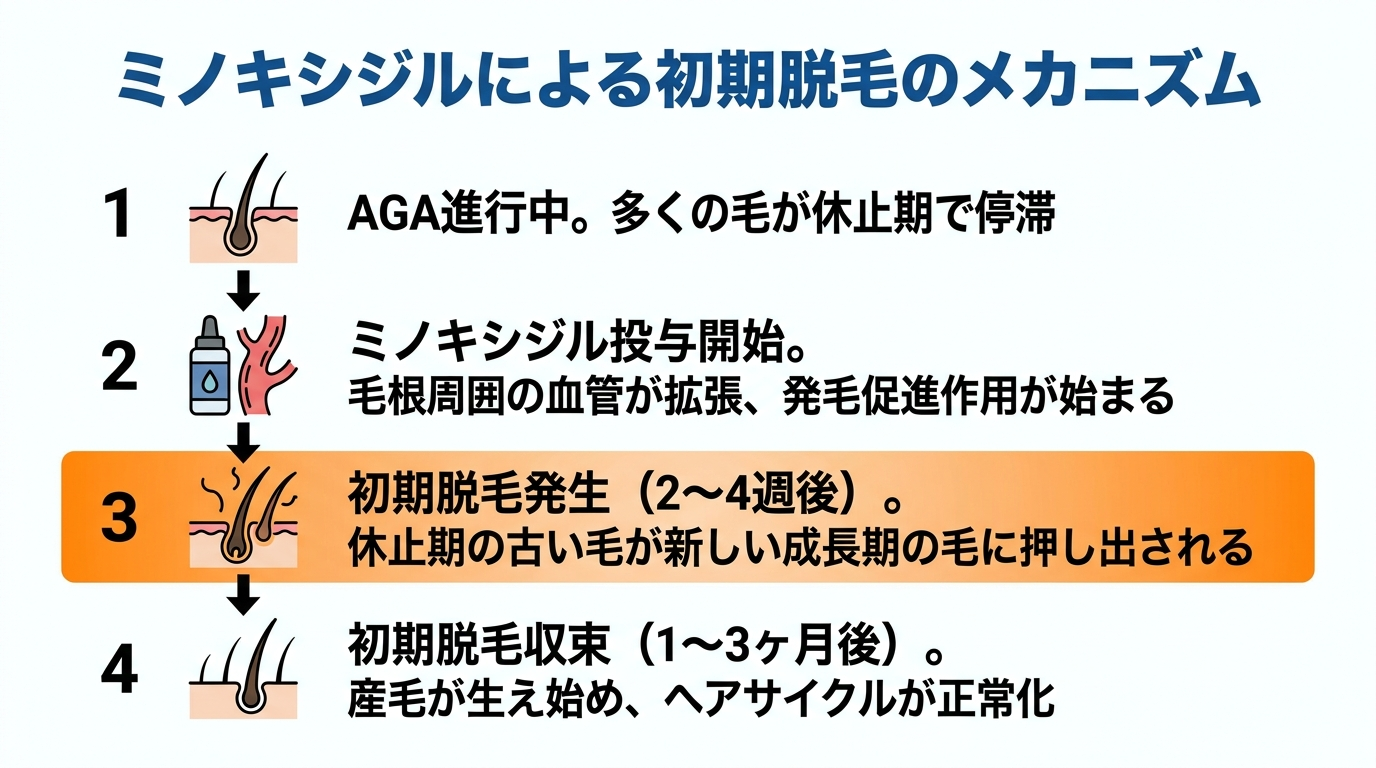 タイトル: ミノキシジルによる初期脱毛のメカニズム。縦型フロー図: ステップ1「AGA進行中」→多くの毛が休止期で停滞。ステップ2「ミノキシジル投与開始」→毛根周囲の血管が拡張、発毛促進作用が始まる。ステップ3「初期脱毛発生(2〜4週後)」→休止期の古い毛が新しい成長期の毛に押し出される。ステップ4「初期脱毛収束(1〜3ヶ月後)」→産毛が生え始め、ヘアサイクルが正常化。背景は白、各ステップは矢印でつなぎ、ステップ3のみオレンジ色で強調。