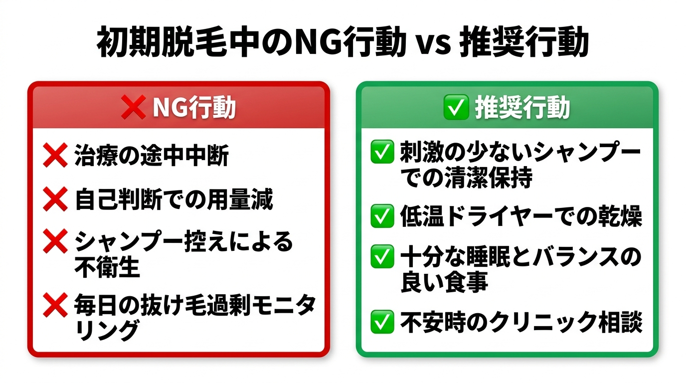 タイトル: 初期脱毛中のNG行動 vs 推奨行動。2カラム対比カード。左カード(赤:NG行動): ✗途中で治療を中断する、✗自己判断で用量を減らす、✗シャンプーを控えて不衛生にする、✗毎日抜け毛を数えて自己モニタリングを過剰に行う。右カード(緑:推奨行動): ✓刺激の少ないシャンプーで清潔に保つ、✓低温ドライヤーで乾かす、✓十分な睡眠とバランスの良い食事、✓不安が強ければクリニックへ相談する。背景白。