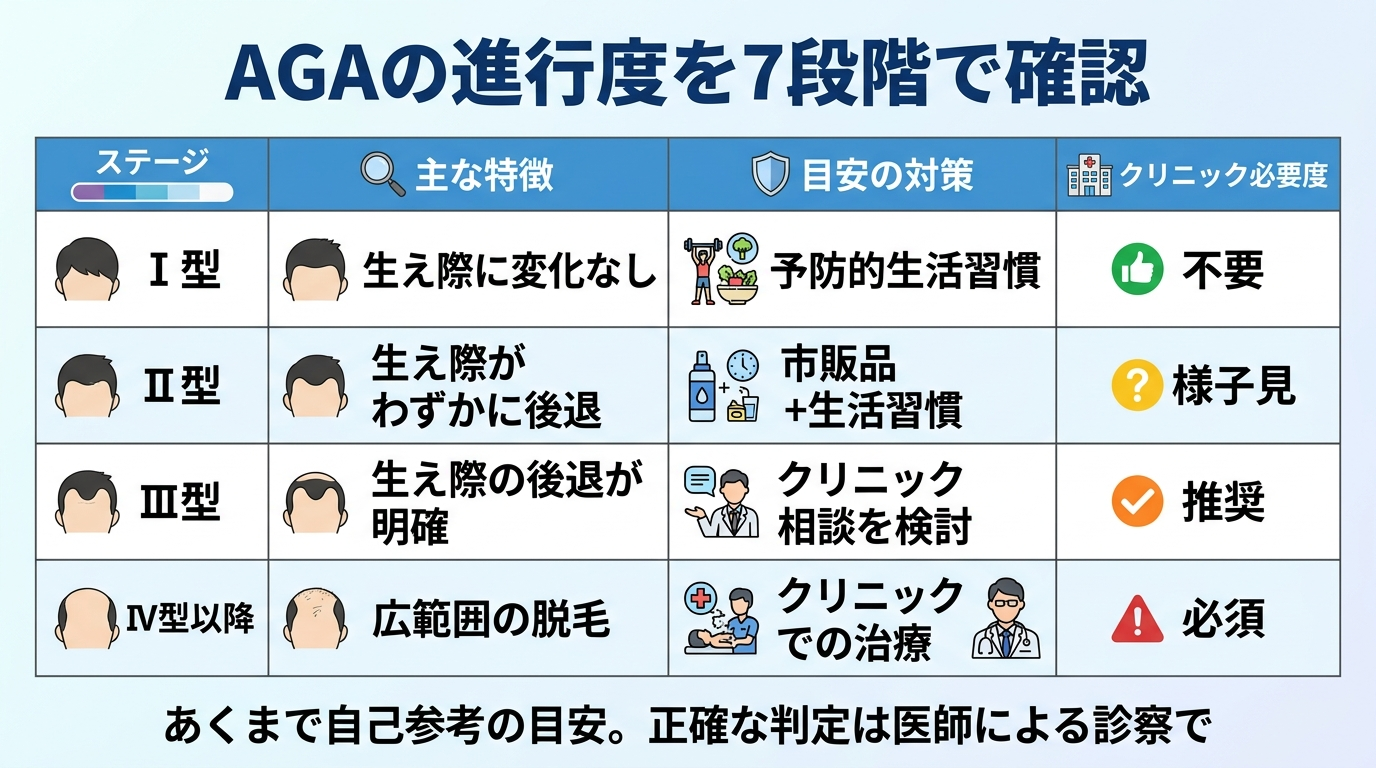 ハミルトン・ノーウッド分類の早見表。タイトル: AGAの進行度を7段階で確認。4列の表: ヘッダー行: ステージ | 主な特徴 | 目安の対策 | クリニック必要度。行1: Ⅰ型 | 生え際に変化なし | 予防的生活習慣 | 不要。行2: Ⅱ型 | 生え際がわずかに後退 | 市販品+生活習慣 | 様子見。行3: Ⅲ型 | 生え際の後退が明確 | クリニック相談を検討 | 推奨。行4: Ⅳ型以降 | 広範囲の脱毛 | クリニックでの治療 | 必須。フッター注: あくまで自己参考の目安。正確な判定は医師による診察で