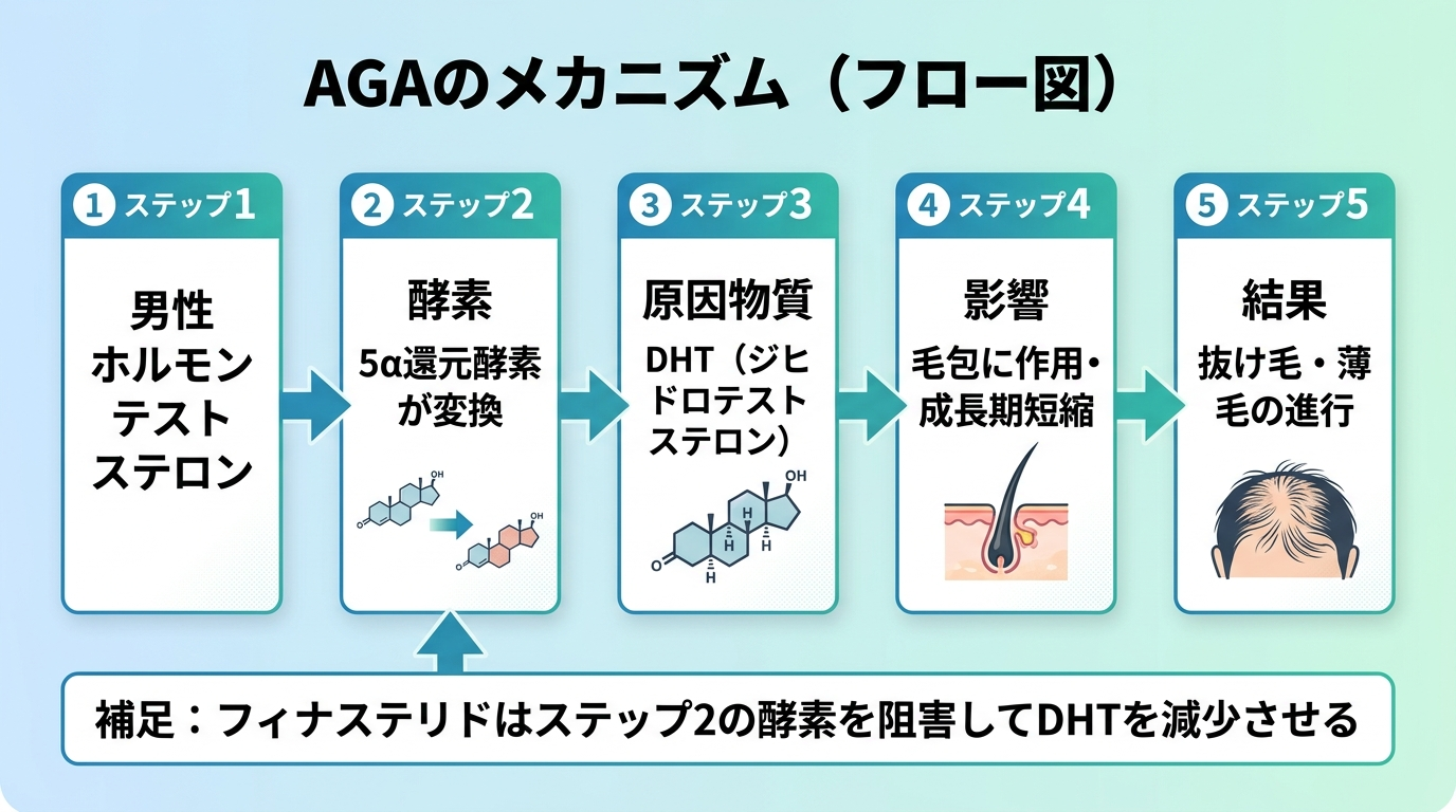 タイトル: AGAのメカニズム（フロー図）。横並びの矢印フロー。ステップ1（男性ホルモン）テストステロン → ステップ2（酵素）5α還元酵素が変換 → ステップ3（原因物質）DHT（ジヒドロテストステロン）→ ステップ4（影響）毛包に作用・成長期短縮 → ステップ5（結果）抜け毛・薄毛の進行。下部に補足: フィナステリドはステップ2の酵素を阻害してDHTを減少させる