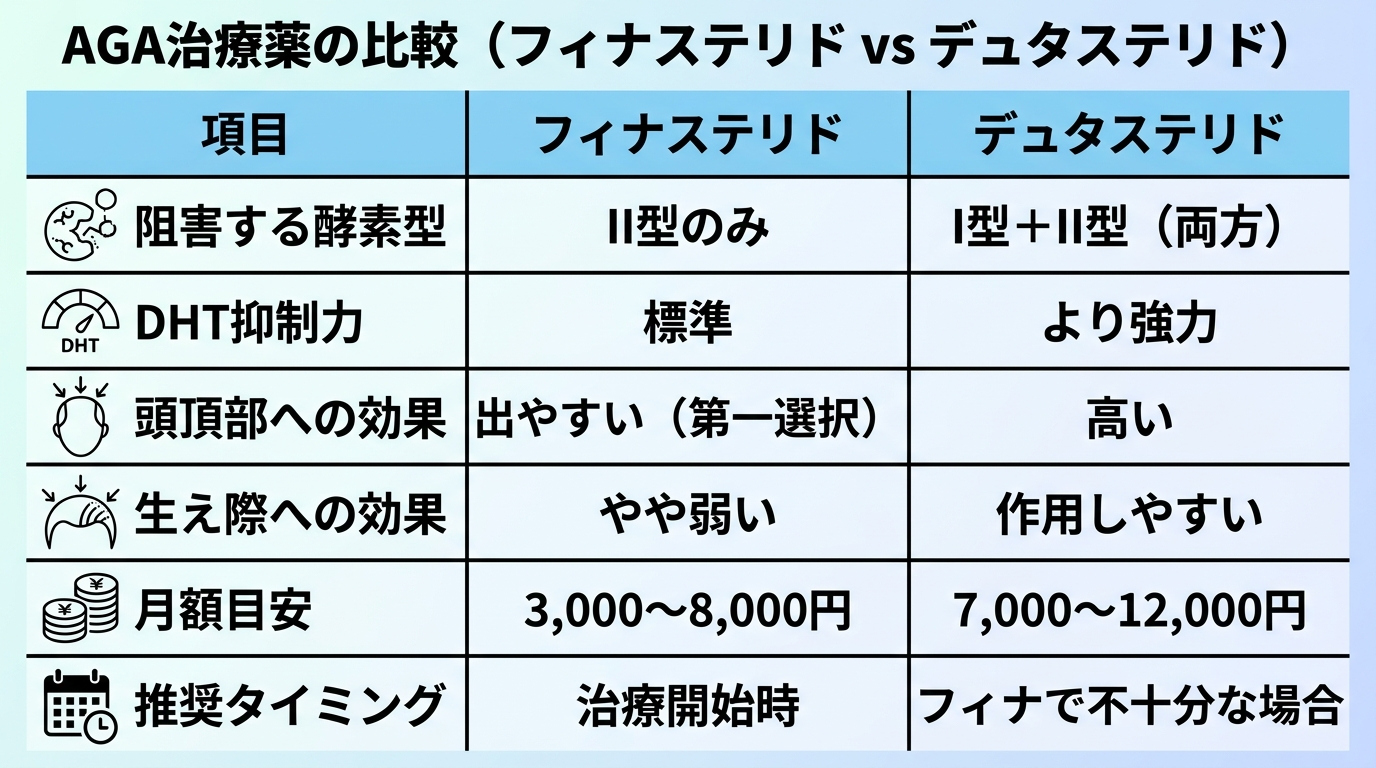 タイトル: AGA治療薬の比較（フィナステリド vs デュタステリド）。3列の比較表。ヘッダー行: 項目 | フィナステリド | デュタステリド。行1: 阻害する酵素型 | II型のみ | I型＋II型（両方）。行2: DHT抑制力 | 標準 | より強力。行3: 頭頂部への効果 | 出やすいとされる（第一選択薬） | 高い。行4: 生え際への効果 | やや弱い | 作用しやすい。行5: 月額目安 | 3,000〜8,000円 | 7,000〜12,000円。行6: 推奨タイミング | 治療開始時 | フィナで不十分な場合