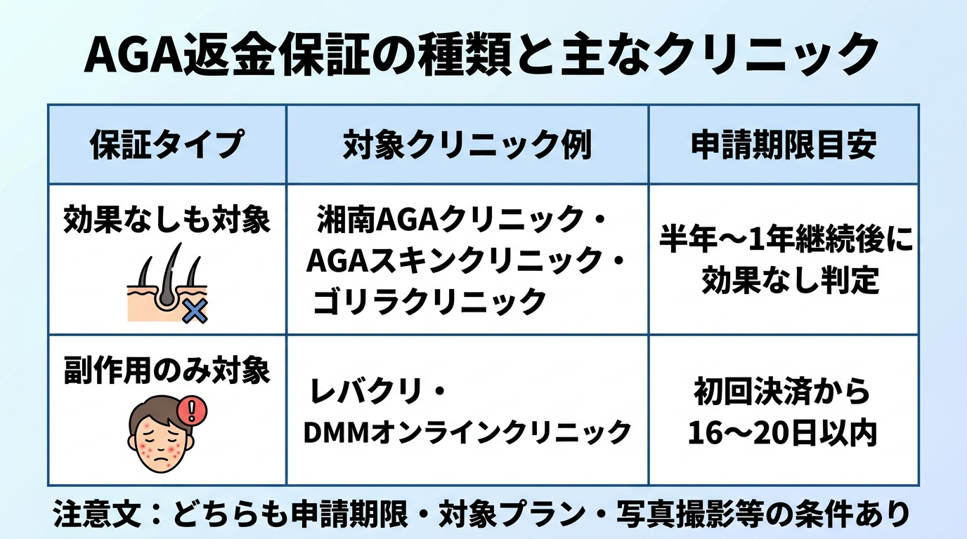 タイトル: AGA返金保証の種類と主なクリニック。2列の比較表。ヘッダー行: 保証タイプ | 対象クリニック例 | 申請期限目安。行1: 効果なしも対象 | 湘南AGAクリニック・AGAスキンクリニック・ゴリラクリニック | 半年〜1年継続後に効果なし判定。行2: 副作用のみ対象 | レバクリ・DMMオンラインクリニック | 初回決済から16〜20日以内。注意文: どちらも申請期限・対象プラン・写真撮影等の条件あり