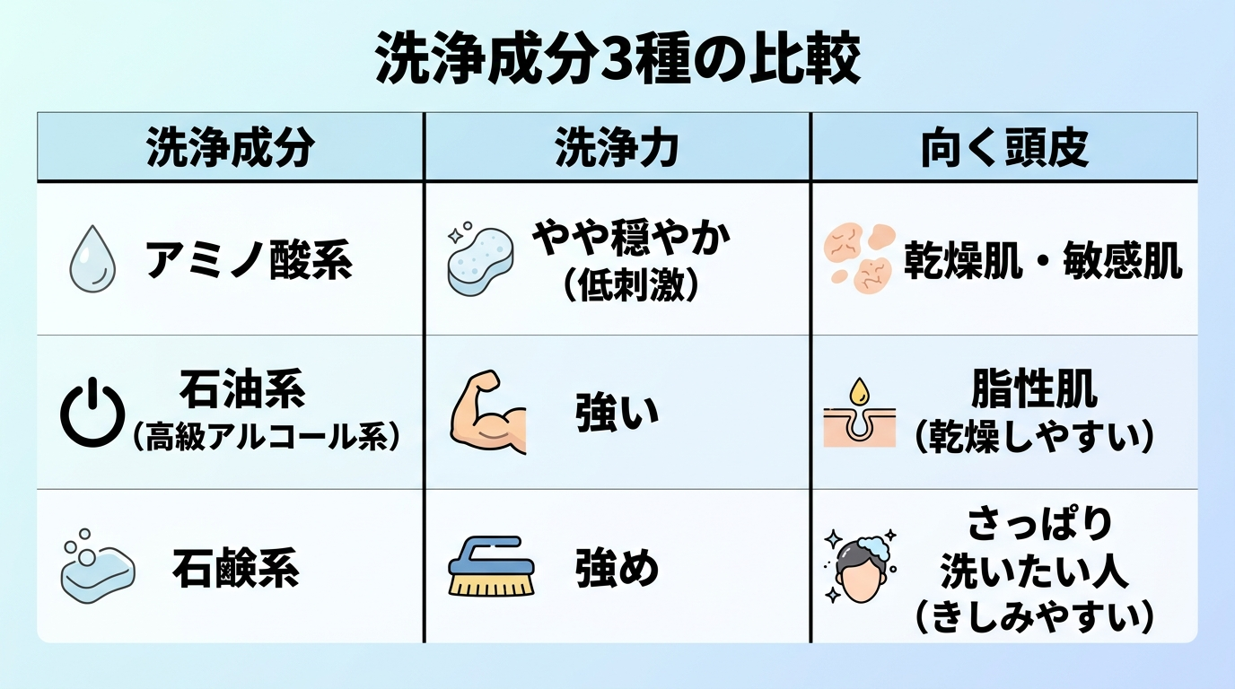 タイトル: 洗浄成分3種の比較。3列の表: ヘッダー行: 洗浄成分 | 洗浄力 | 向く頭皮。行1: アミノ酸系 | やや穏やか（低刺激） | 乾燥肌・敏感肌。行2: 石油系（高級アルコール系） | 強い | 脂性肌（乾燥しやすい）。行3: 石鹸系 | 強め | さっぱり洗いたい人（きしみやすい）